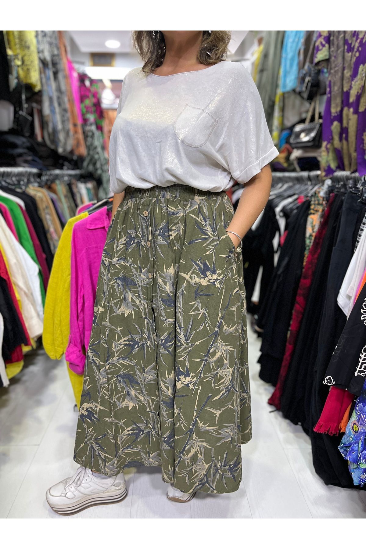 Butik Ayseba Kadın Desenli Düğmeli Uzun Keten Etek