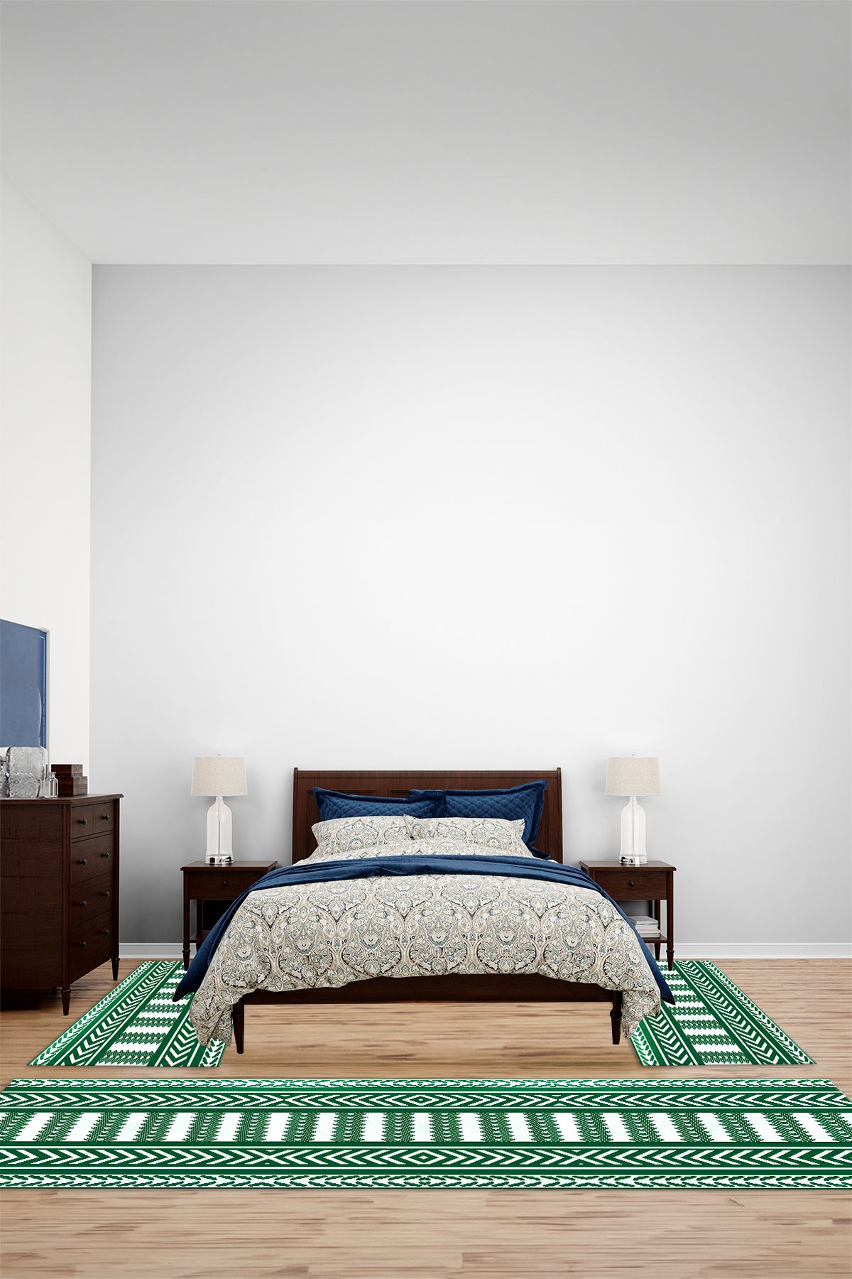 Viyana Home Kaymaz Klasik İskandinav Model Yıkanabilir Üçlü Yatak Odası Halısı, YO-İSKANDİNAV-85-YEŞİL,