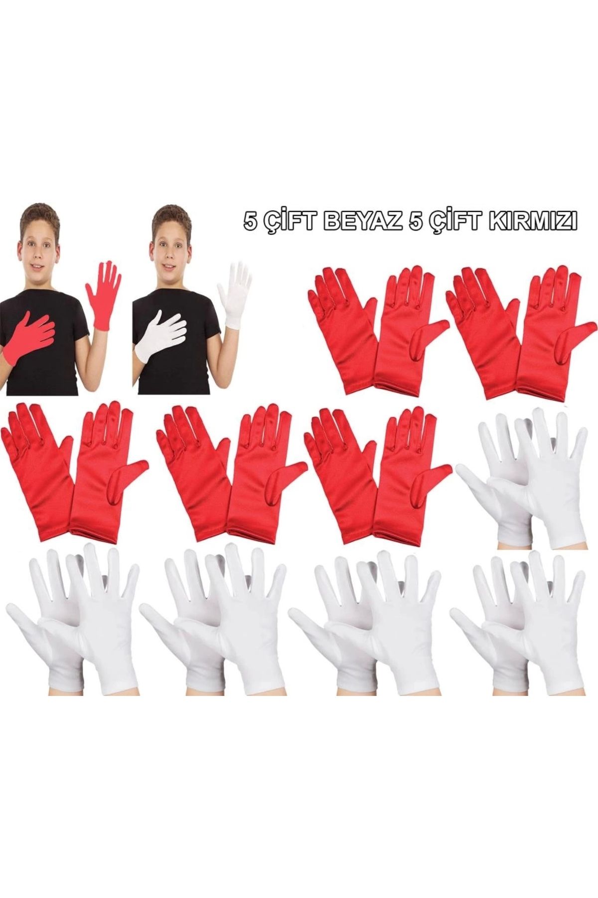 CANSA Çocuk Gösteri Eldiven Seti – 5 Çift Beyaz & 5 Çift Kırmızı