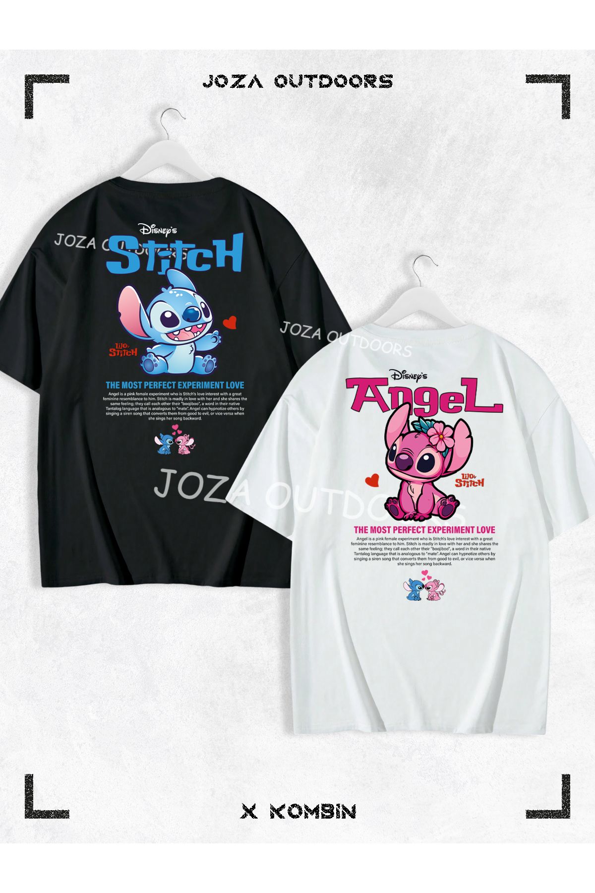 Jobia Outdoors Kadın Erkek Lilo Angel Stitch Yazılı SIRT Baskılı Sevgili Çift Kombini Oversize Tshirt 2'li Takım