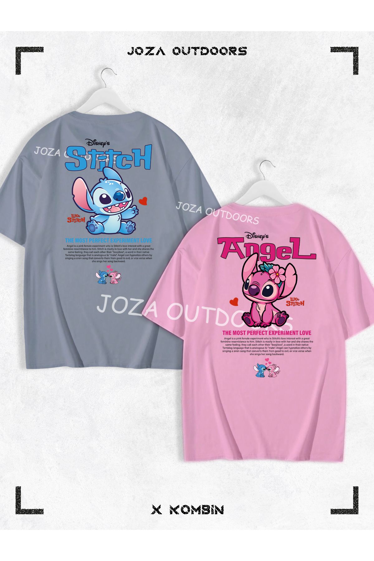 Jobia Outdoors Kadın Erkek Lilo Angel Stitch Yazılı SIRT Baskılı Sevgili Çift Kombini Oversize Tshirt 2'li Takım
