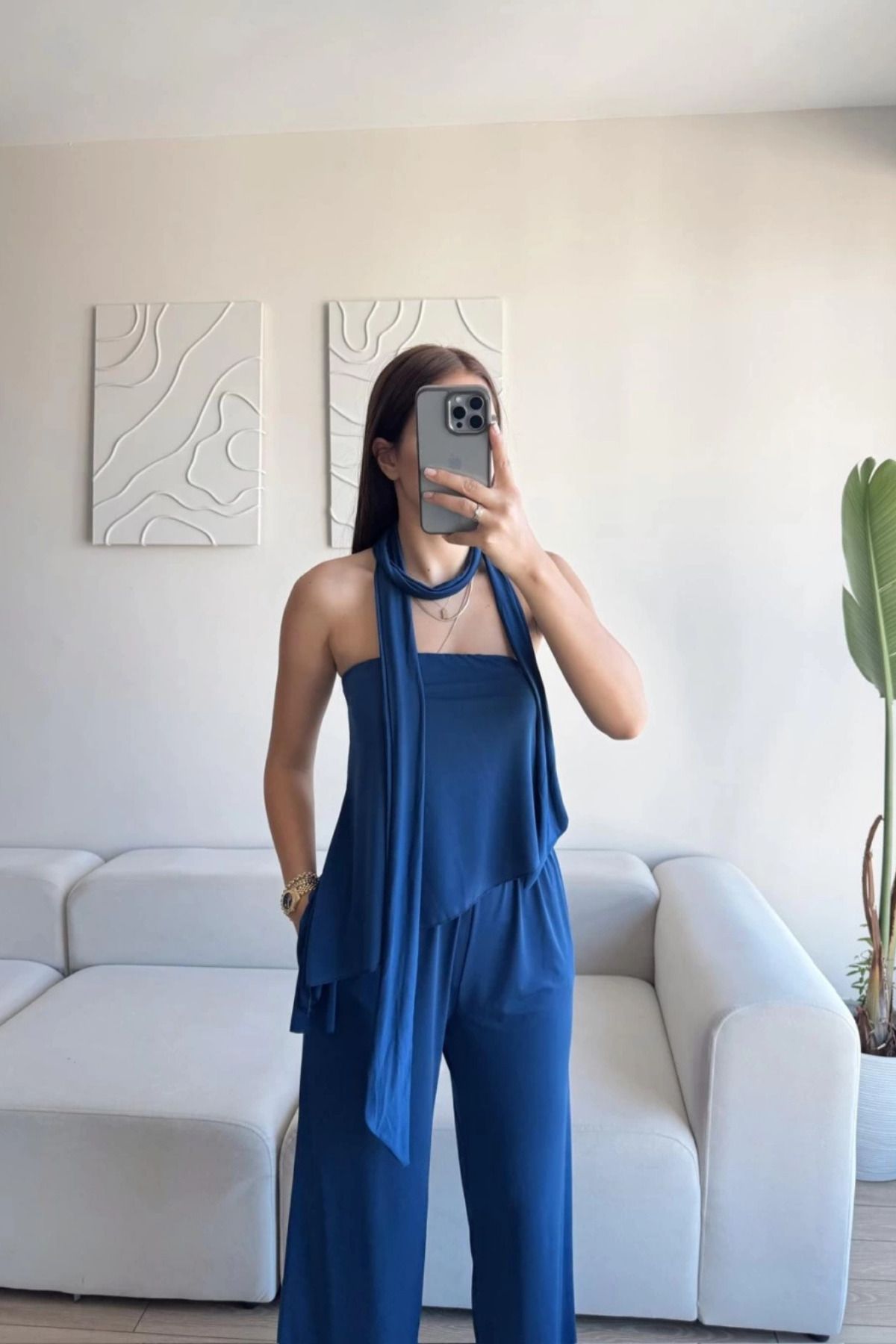 MOZENA Straplez Asimetrik Bluz Pantolon Fularlı Takım