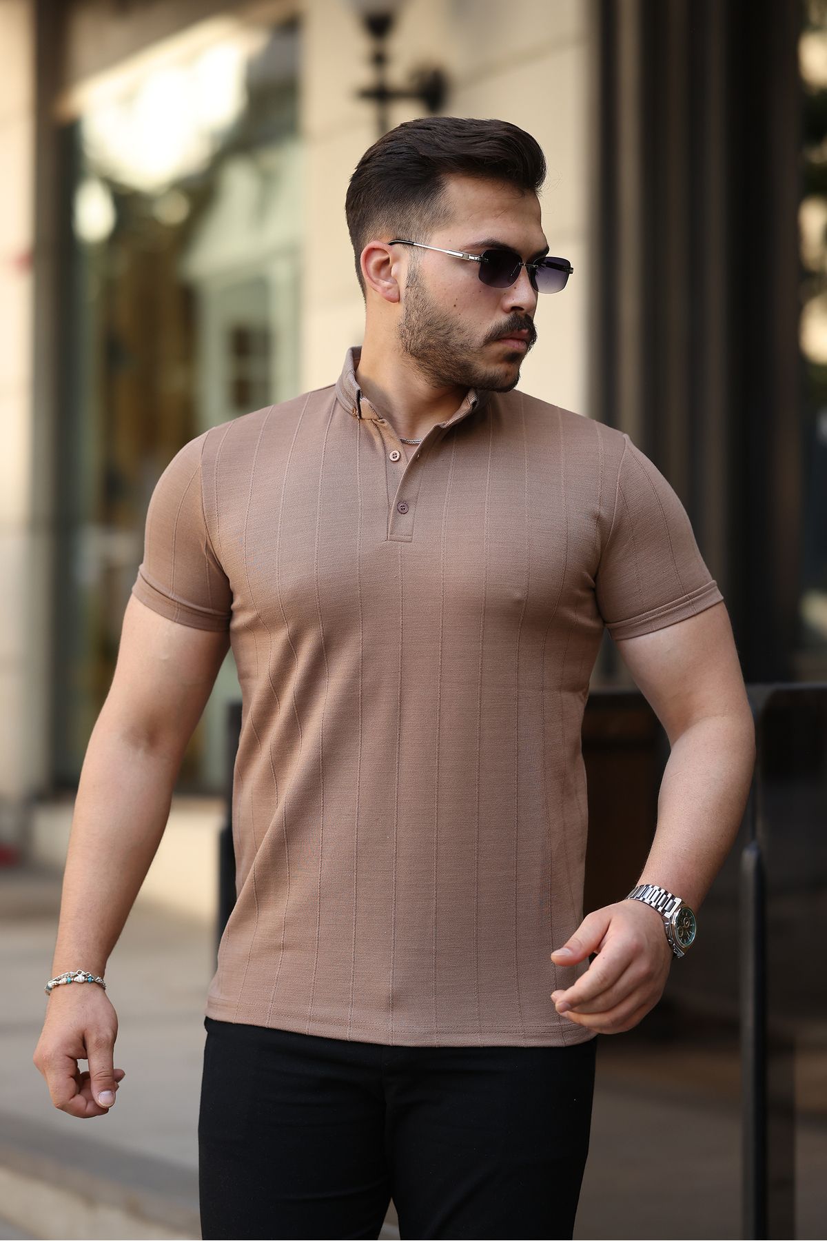 REFRESH Style Erkek Kahverengi Geniş Şerit Desenli Düğmeli Polo Yaka Tişört