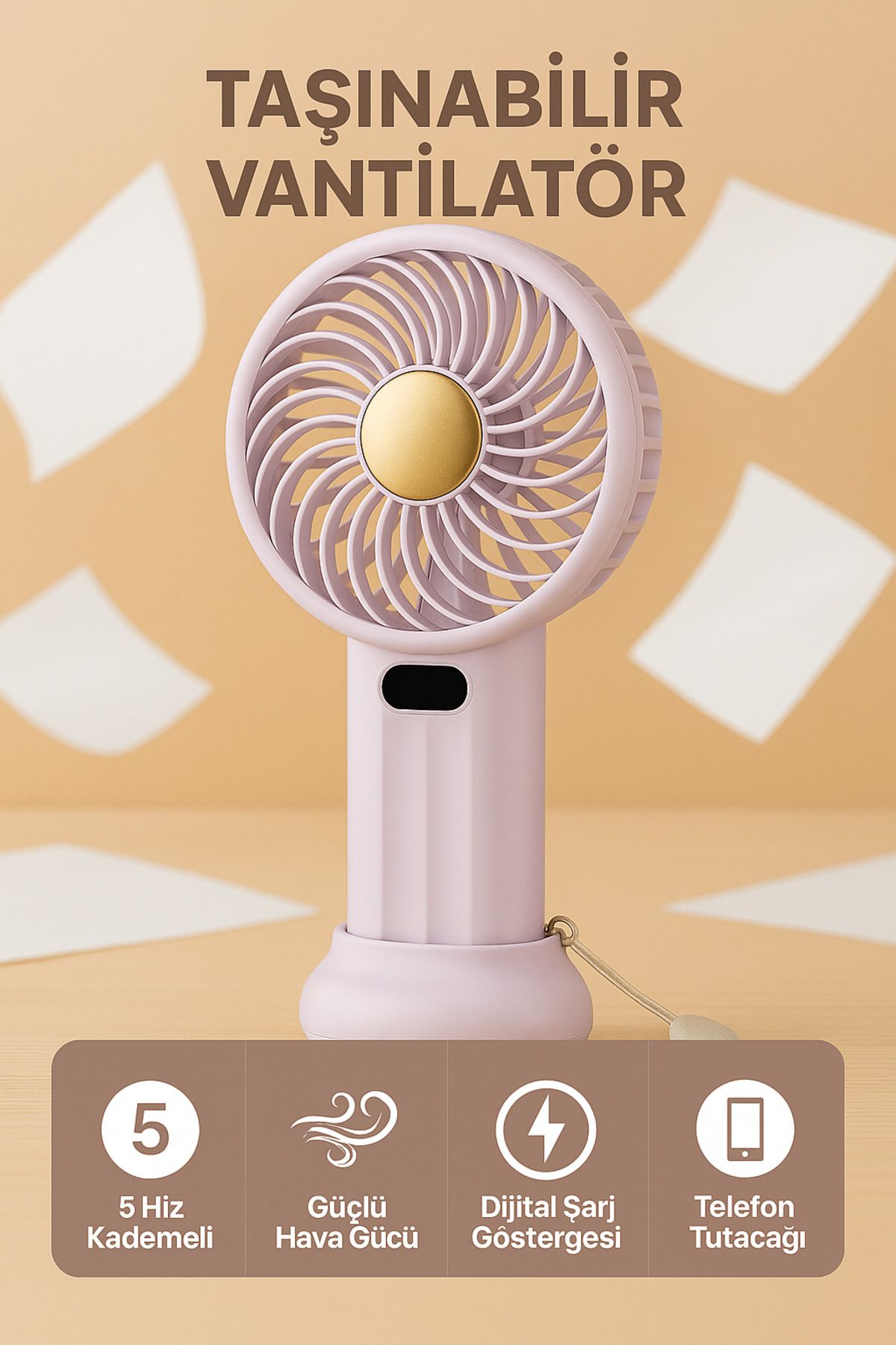 BEYZANA 5 Kademe Turbo Üfleme LED Ekran Şarjlı El Ve Masa FAN Vantilatör Telefon Standı Taşınabilir Serinlik