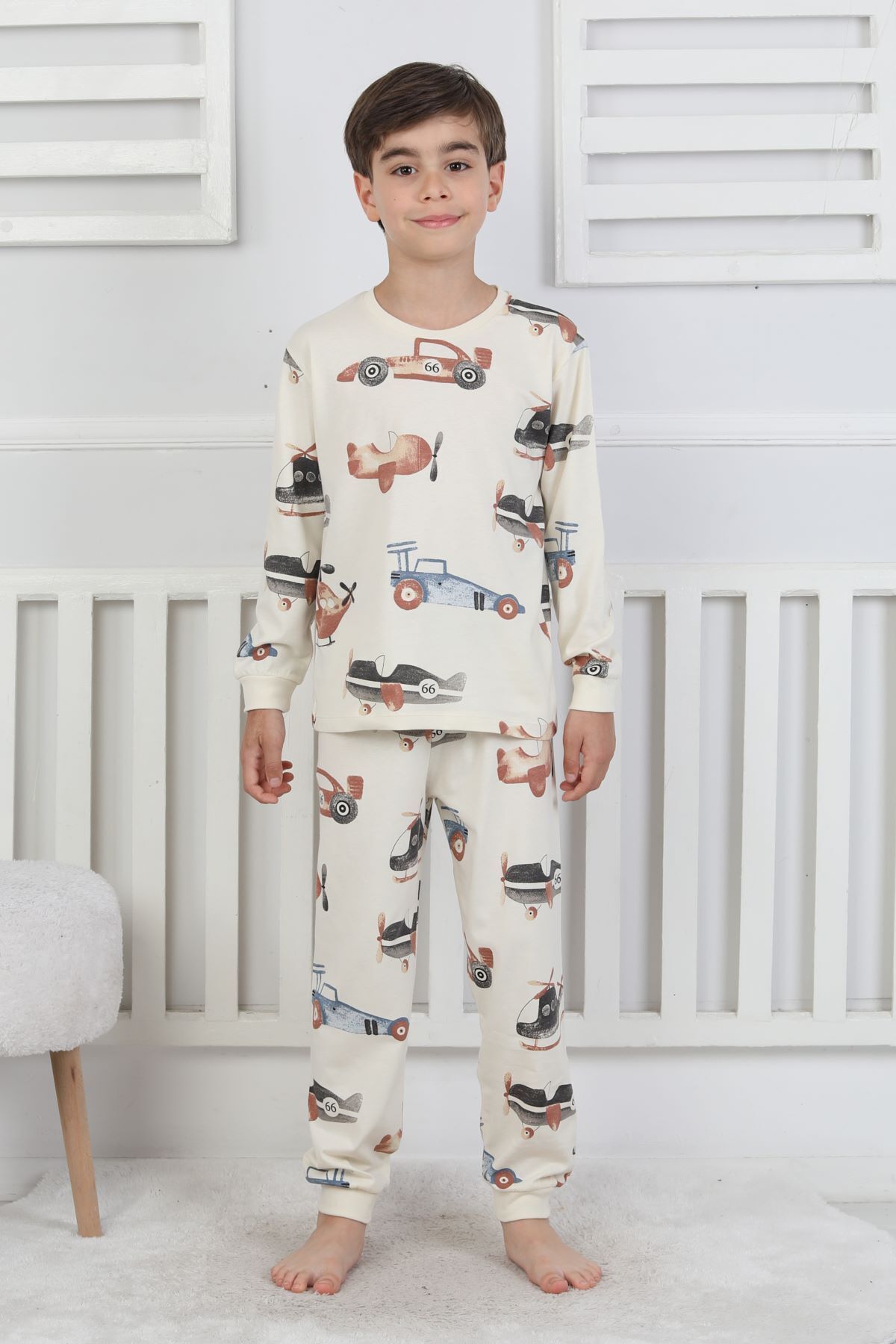 Racing Car And Aeroplane Patterned Boys' Pajamas Set