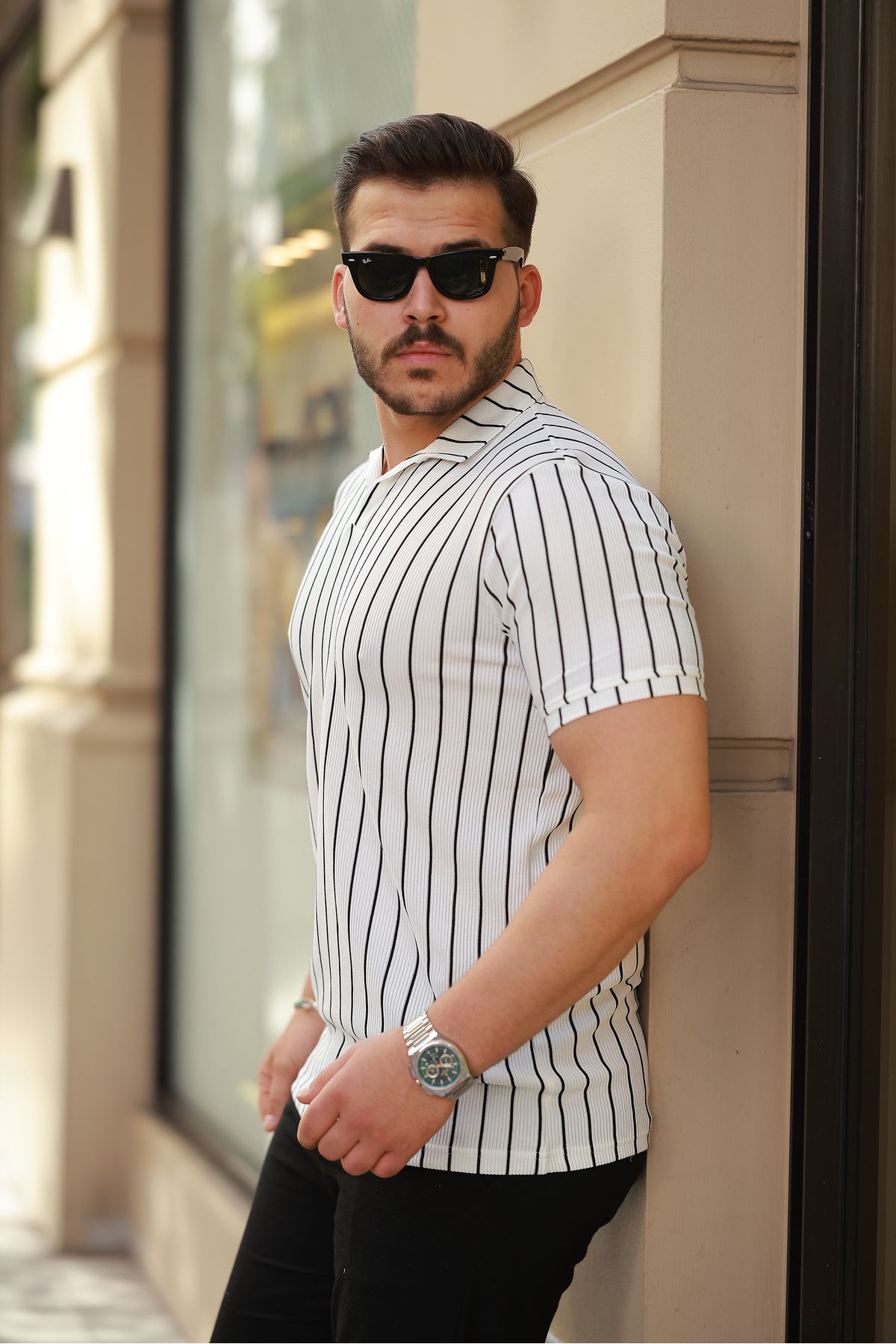 REFRESH Style Erkek Beyaz-Siyah Ottoman Çizgili Apaş Yaka Polo Tişört