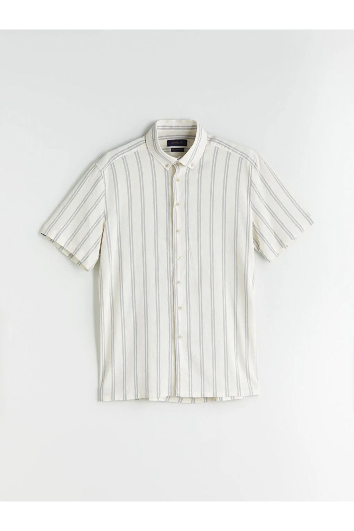 LC Waikiki SOUTHBLUE Gri Regular Fit Kısa Kollu Çizgili Keten Görünümlü Erkek Gömlek