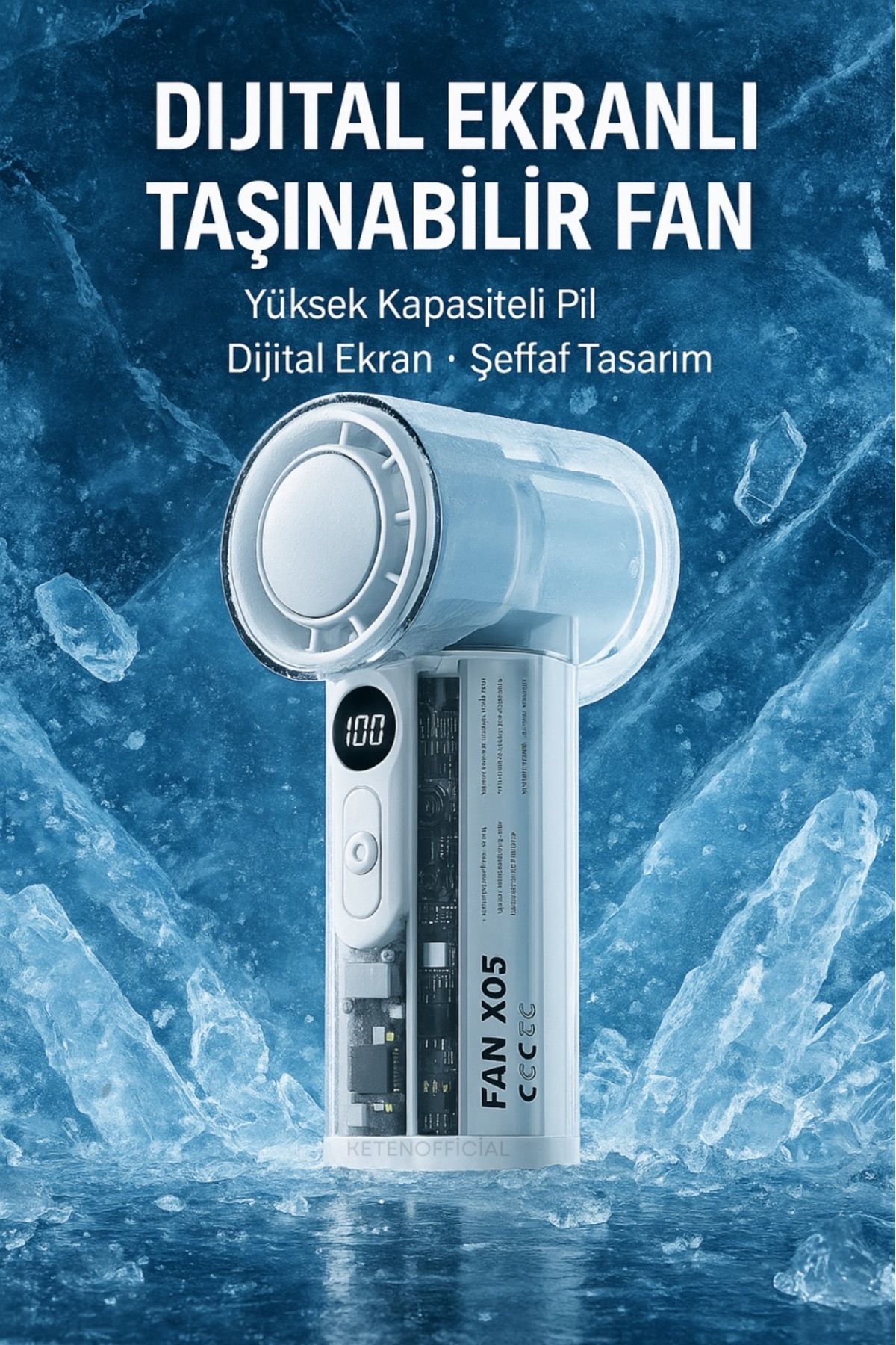 KETENOFFİCİAL Şarjlı Dijital Göstergeli Mini El Fanı Buzlanma Etkili Metal Gövdeli Taşınabilir Mini Vantilatör