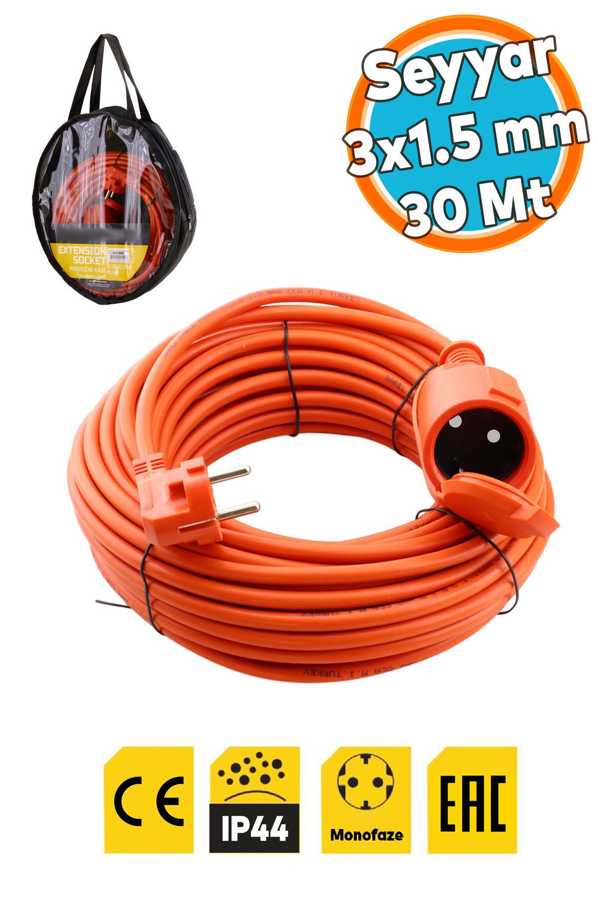 NZB Uzatma Kablosu 3x1.5 mm CCA 30 METRE Topraklı Kablolu Tekli Grup Fiş Priz Kapaklı Monofaze Ev Tipi