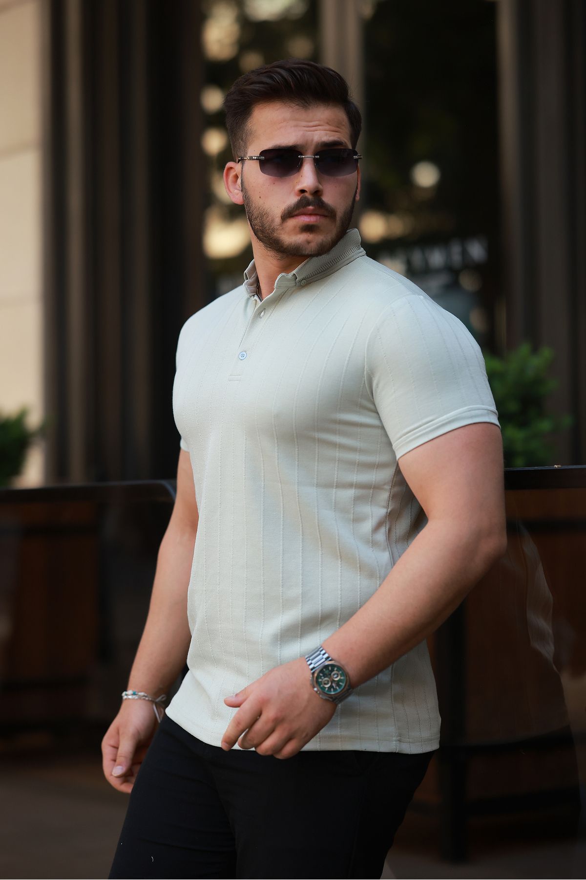 REFRESH Style Erkek Yeşil Geniş Şerit Desenli Düğmeli Polo Yaka Tişört