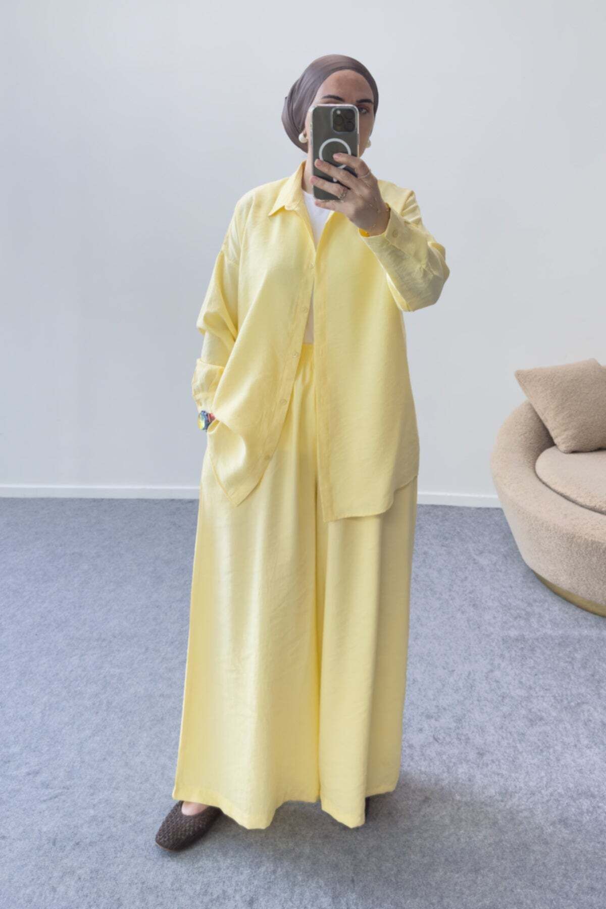 Hatun Atila Modal Kumaş Gömlekli İkili Takım 5203 - Sarı