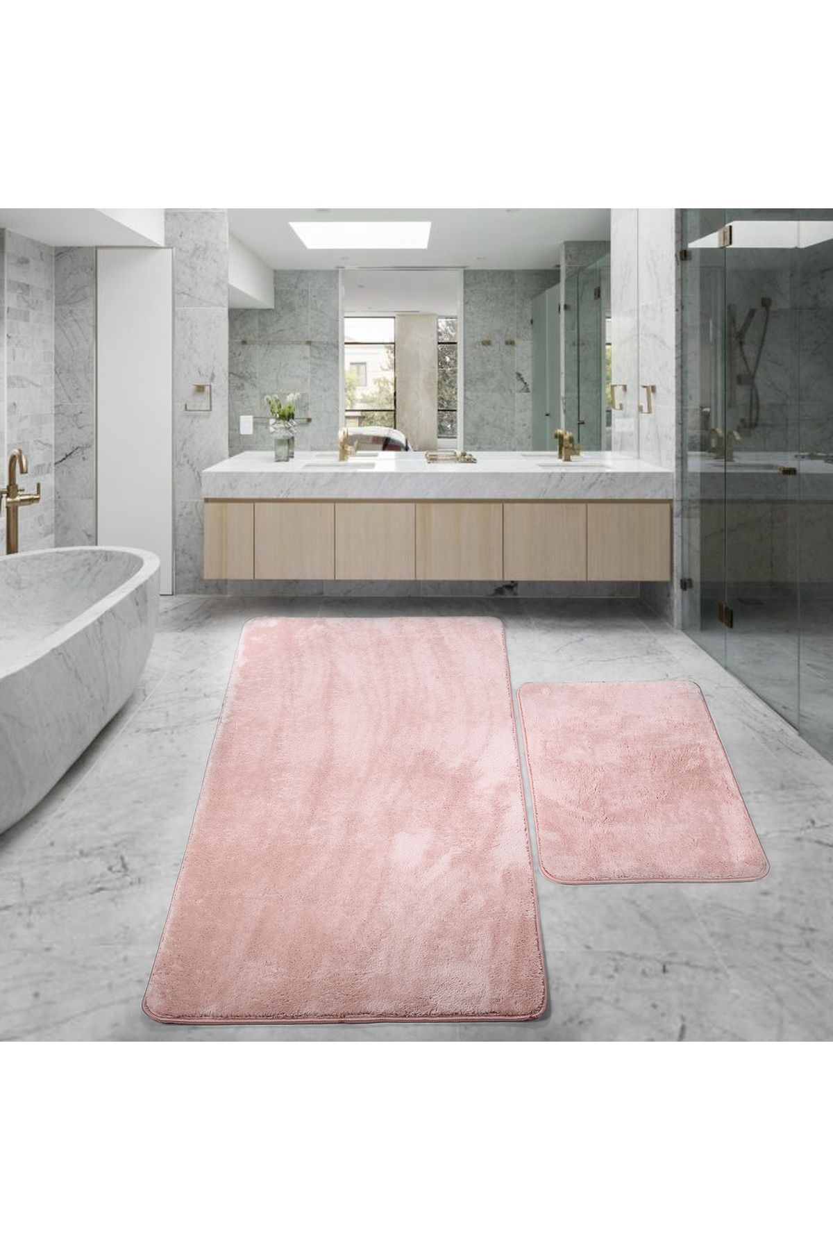 Bestekar LunaSoft Pudra Büyük Boy Kaymaz Emici Yumuşak Makinede Yıkanabilir İkili Modern Banyo Paspas Takımı