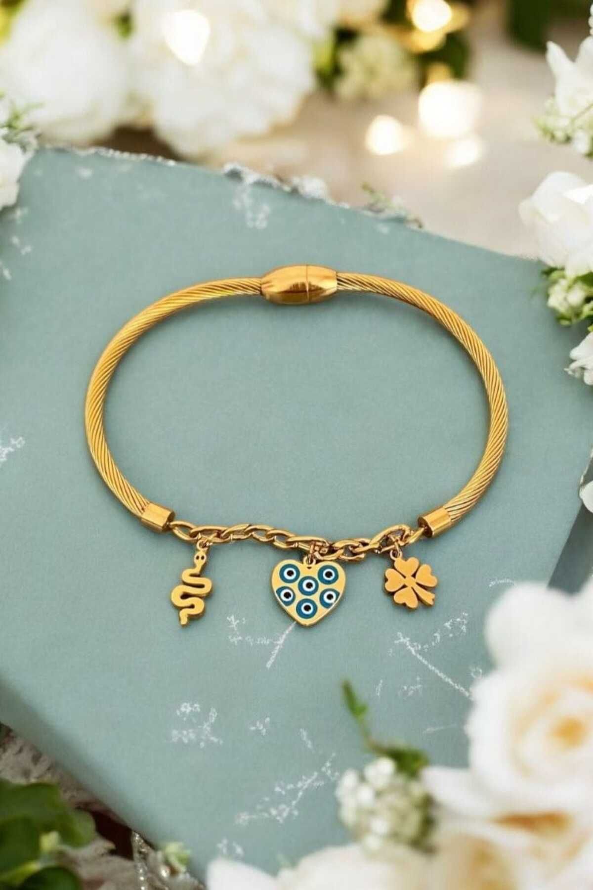 MODA Çelik Gold Yılan-Kalp-Yonca Bileklik