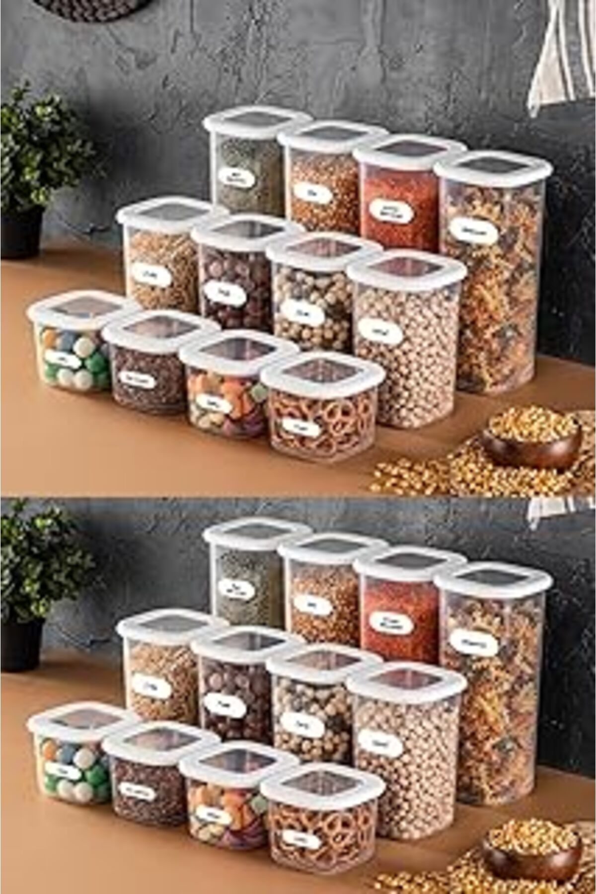 Mu Art Ahşap Foly Etiketli Erzak Saklama Kabı 24'Lü Set 8X(0,55 Litre, 1,2 Litre, 1,75 Litre) Beyaz