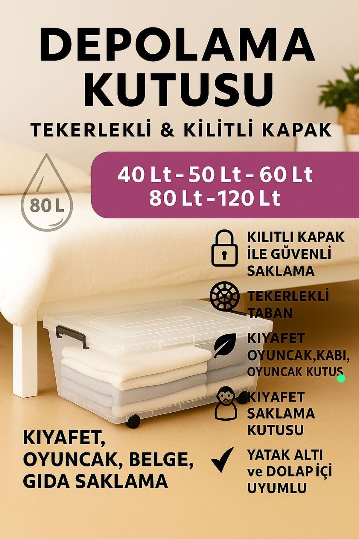 Loremp Tekerlekli 80LT Saklama Kutusu 3 Adet Kilitli Kapaklı Şeffaf Organizer Kutu Kıyafet,Oyuncak,Depolama