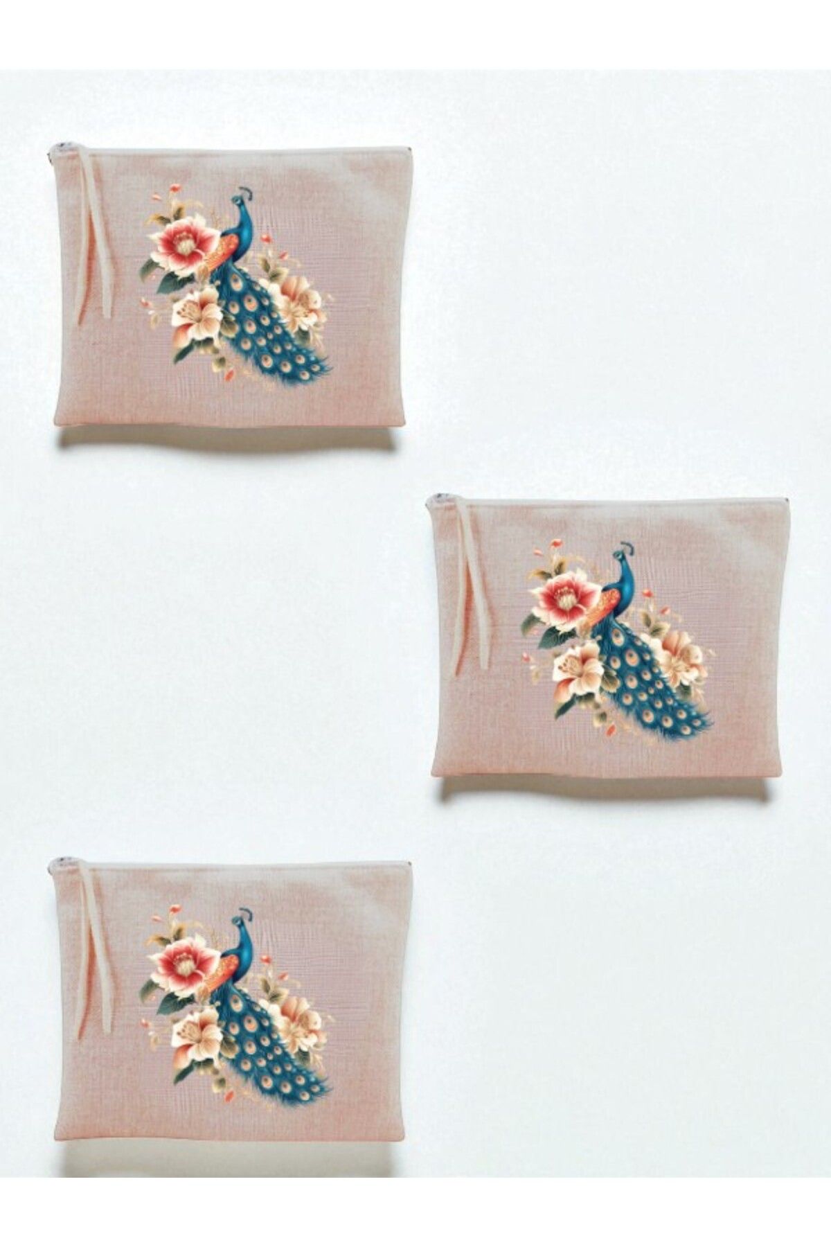 lili hediyelik Tavus Kuşu Baskılı 3'lü Makyaj Çantası 20x25 cm