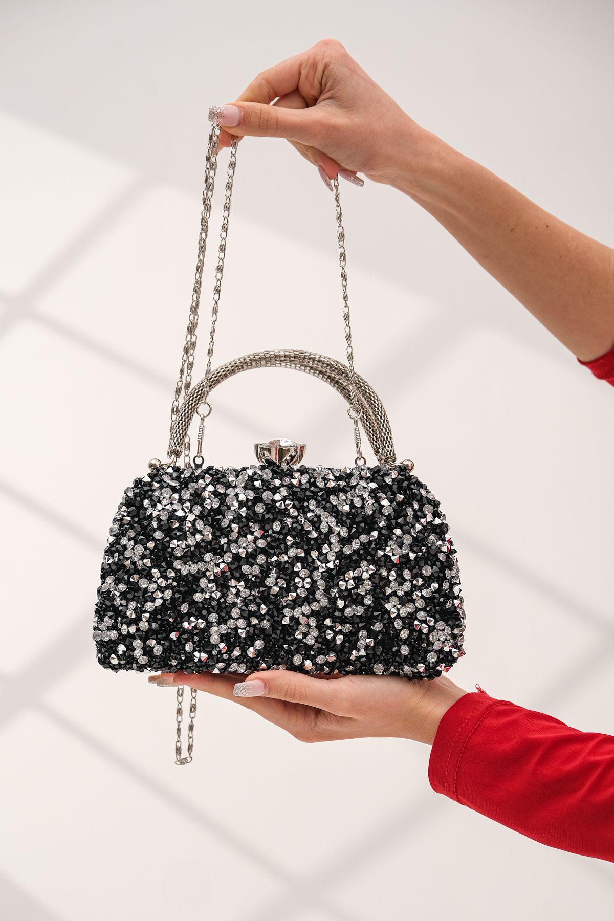 ROZA CANTA Kadın Siyah/Gümüş Taşlı Abiye Clutch Portföy Çanta