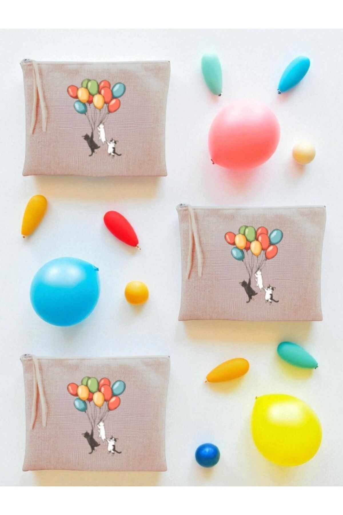lili hediyelik Kedi ve Balon Baskılı 3'lü Makyaj Çantası 20x25 cm