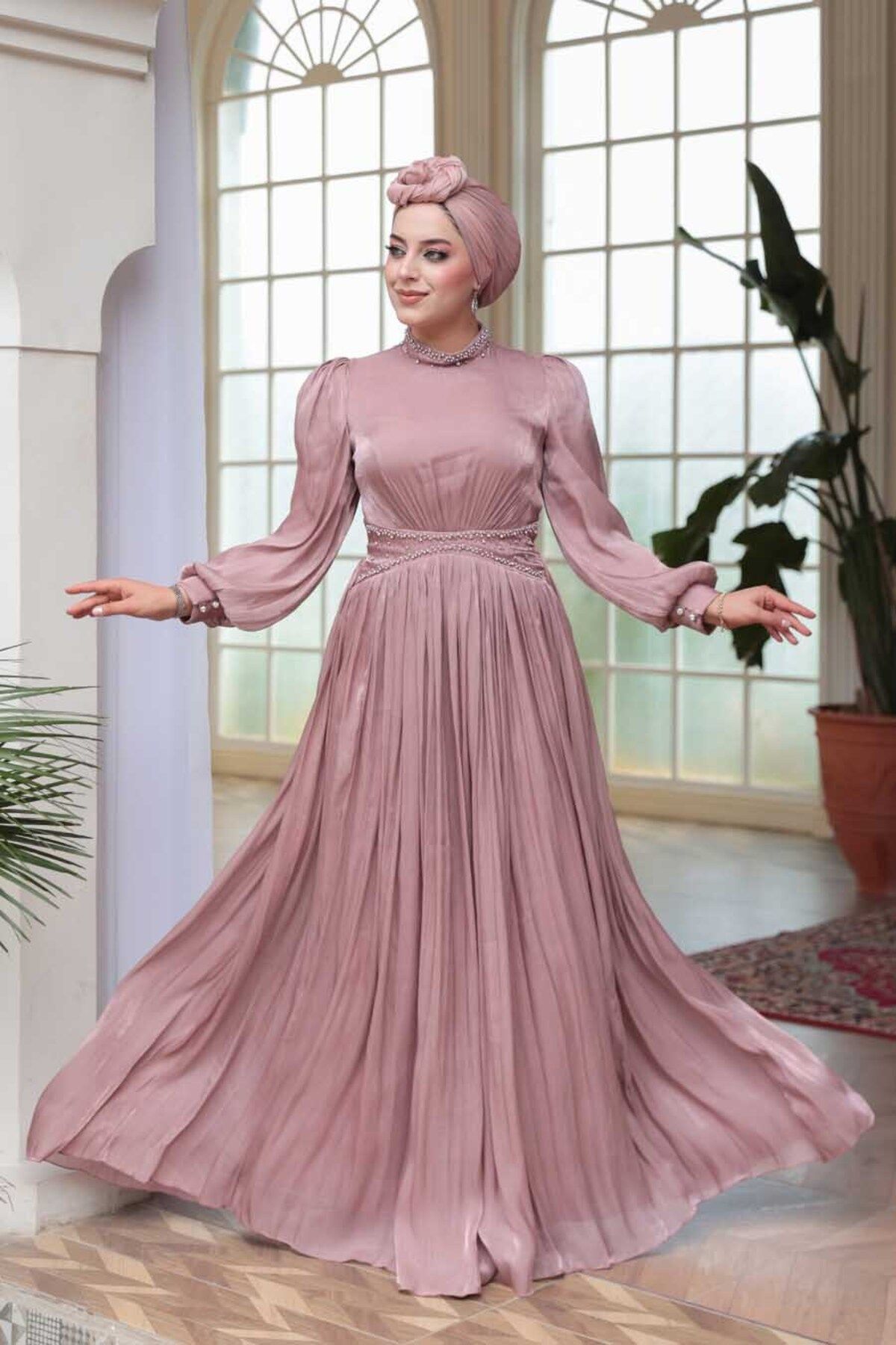 N.S NEVA STYLE Boncuk Detaylı Gül Kurusu Tesettür Abiye Elbise 52751GK