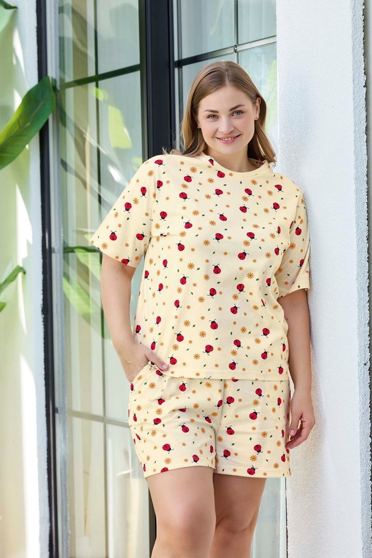 bigiyin Kadın Kısa Kol Şortlu Büyük Beden Pijama Takım Büyük Beden Kadın Pijama %100 Pamuk