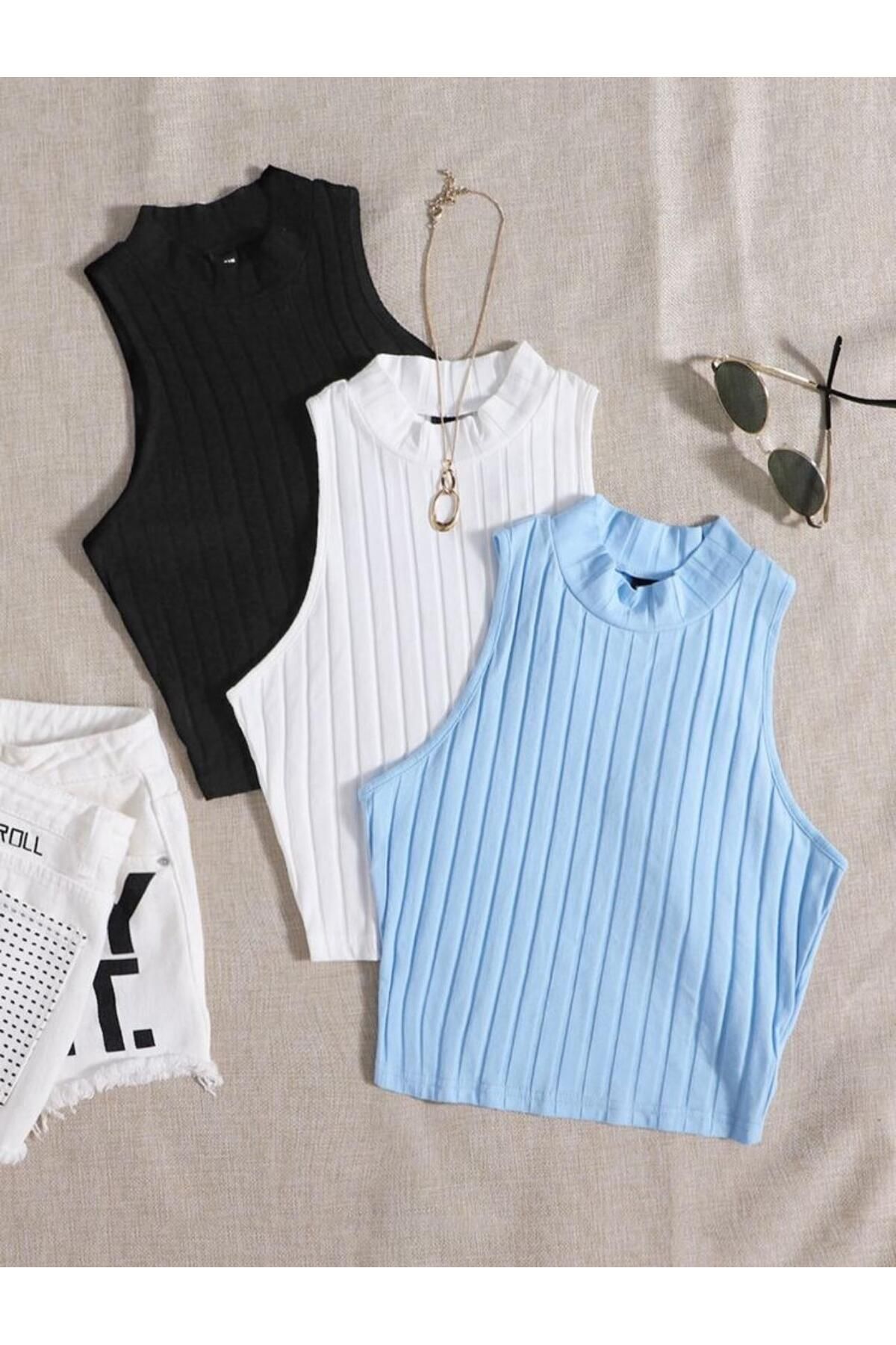 bemmoda Kadın 3'lü Set 3'lü Renk Çizgi Desen Yazlık Bluz
