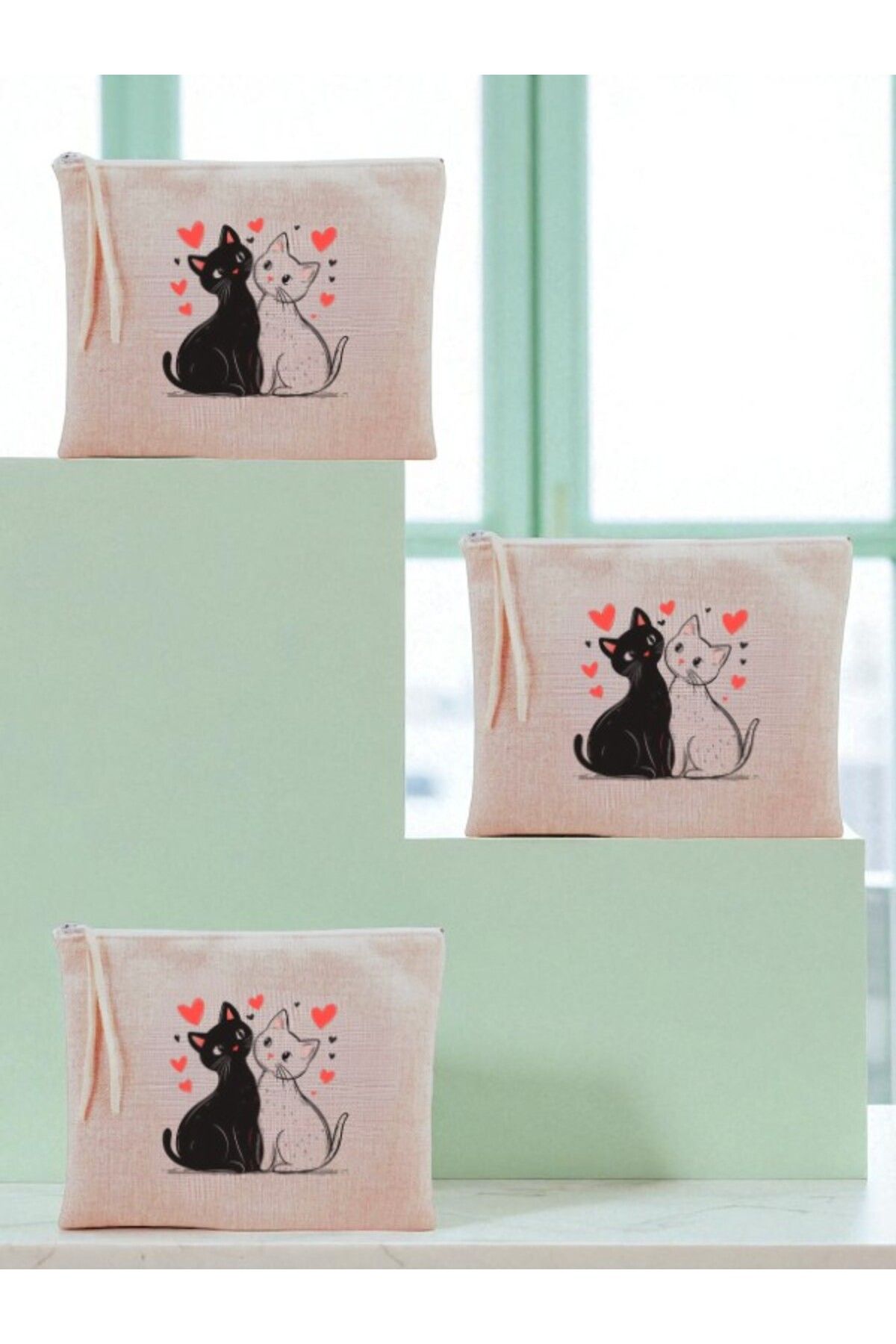 lili hediyelik Kalpli Kedi Baskılı 3'lü Makyaj Çantası 20x25 cm