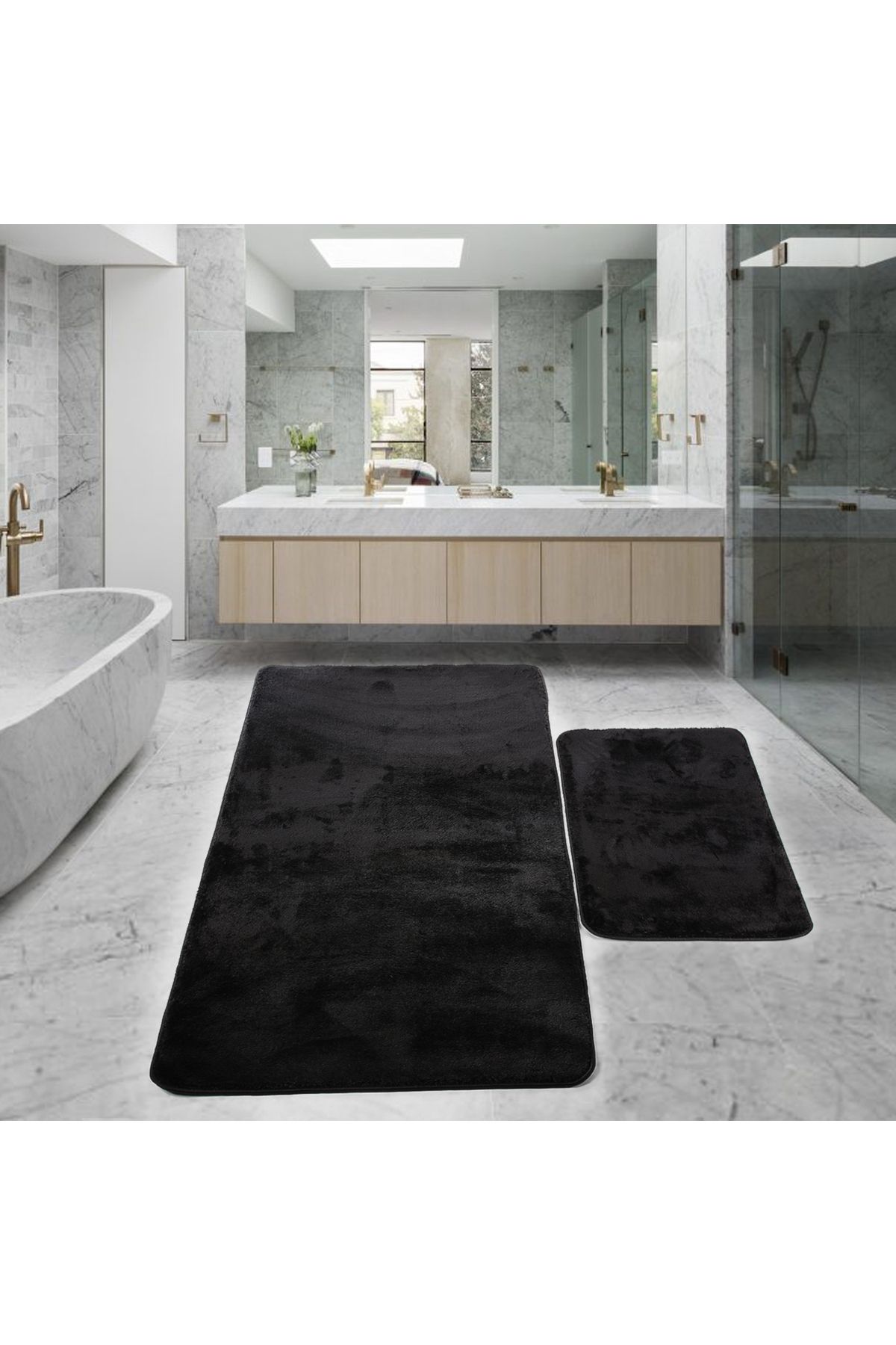 Bestekar LunaSoft Siyah Büyük Boy Kaymaz Emici Yumuşak Makinede Yıkanabilir İkili Modern Banyo Paspas Takımı