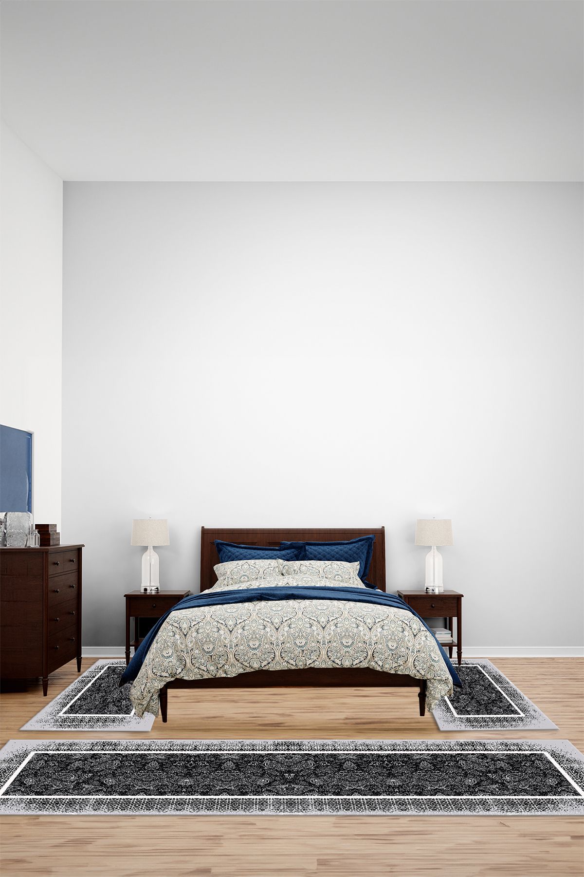 Viyana Home Dijital Kaymaz Taban Klasik Etnik Modern Yıkanabilir Üçlü Yatak Odası Halısı, YO-KLASİK-115-SİYAH,