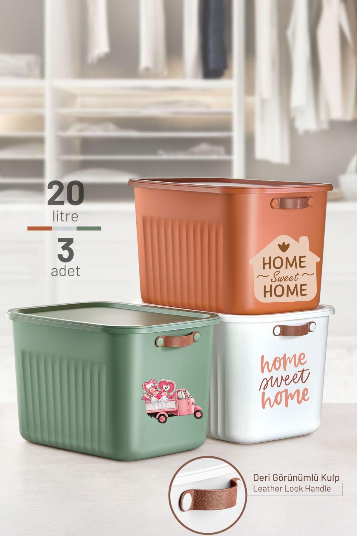 hemlife 3 ADET YENİ Saklama Kutusu JUMBO BOY 20 LT Plastik Düzenleyici Depolama Kutusu(Kiremit,Yeşil,Beyaz)