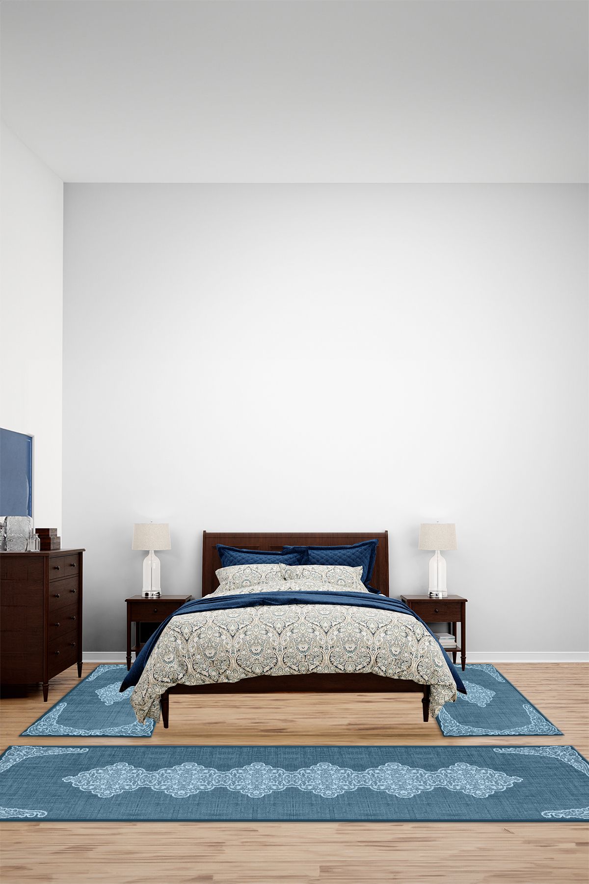 Viyana Home Dijital Kaymaz Taban Klasik Düz Model Yıkanabilir Üçlü Yatak Odası Halısı, YO-KLASİK-108-MAVİ,