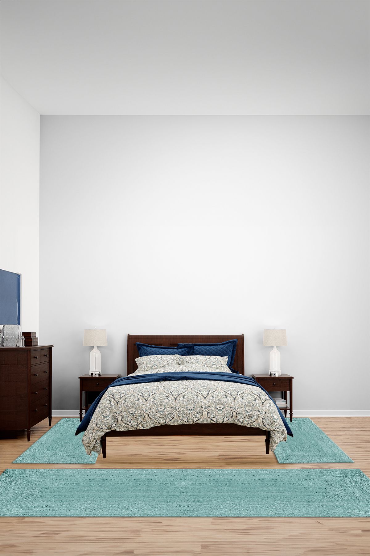 Viyana Home Dijital Kaymaz Taban Jüt Sade Modern Yıkanabilir Yatak Odası Takım Halısı, YO-JÜT-54-MAVİ,