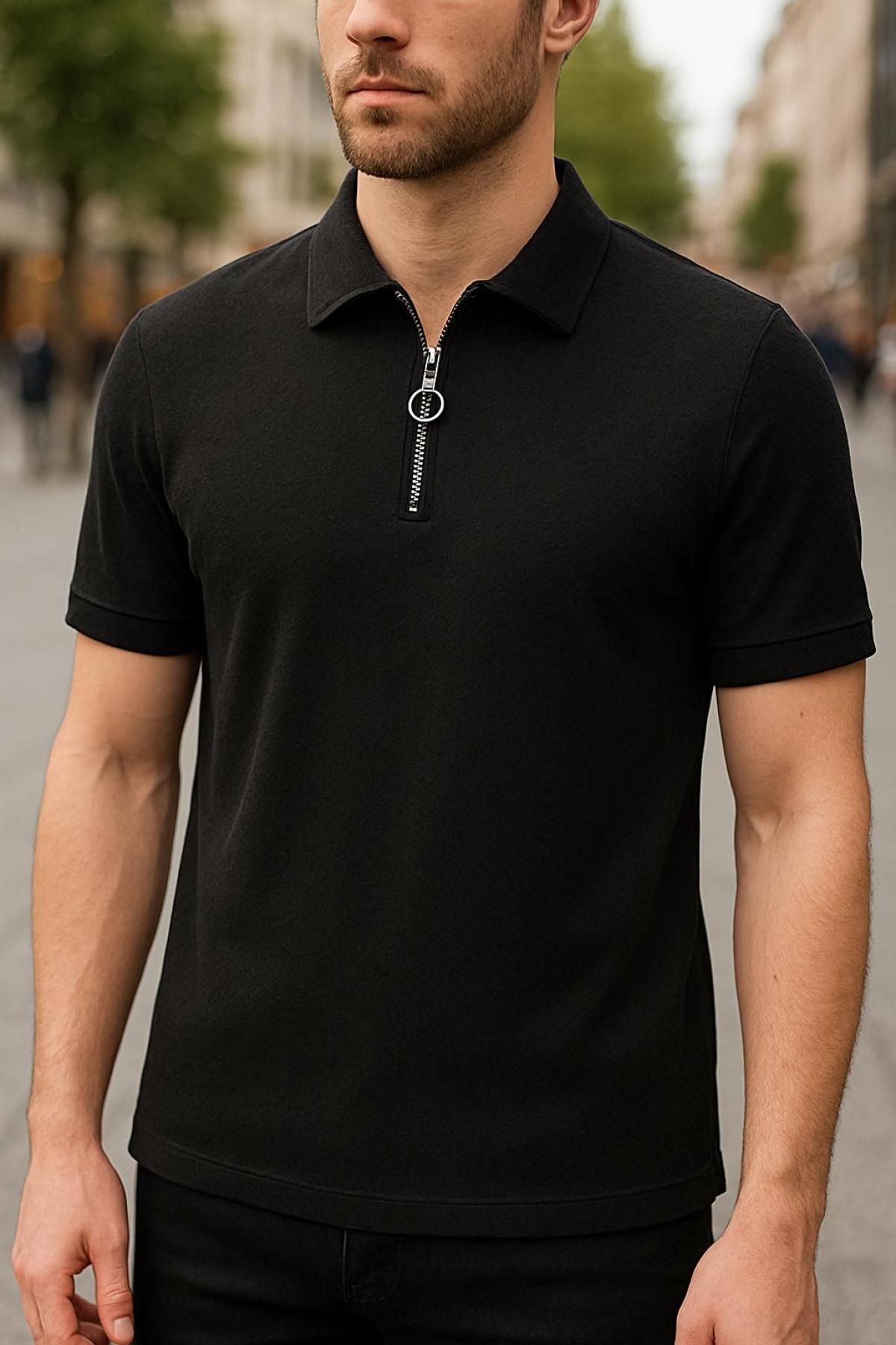 DAMGA JEANS Erkek Yarım Fermuar Basic Siyah Polo Yaka Tişört