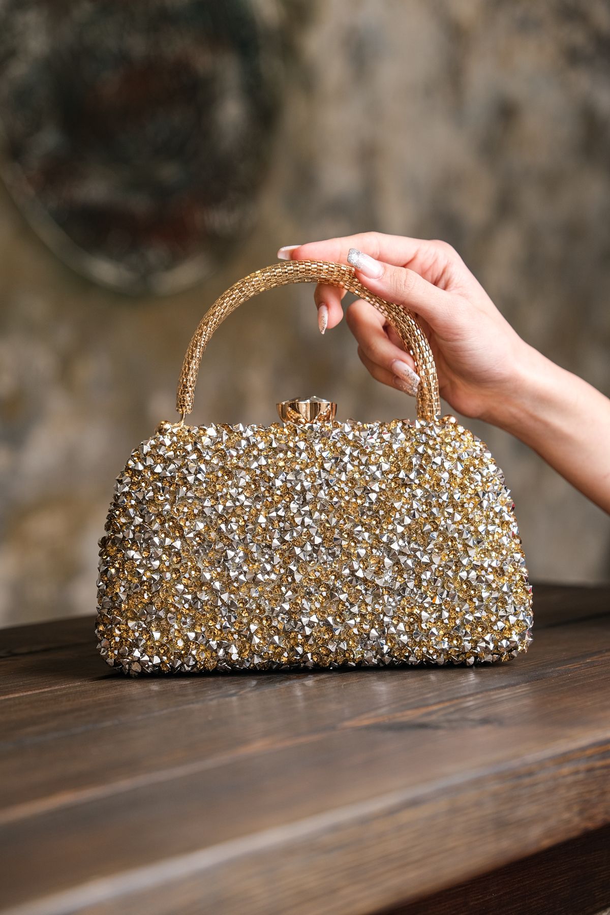 ROZA CANTA Kadın Altın Taşlı Abiye Clutch Portföy Çanta