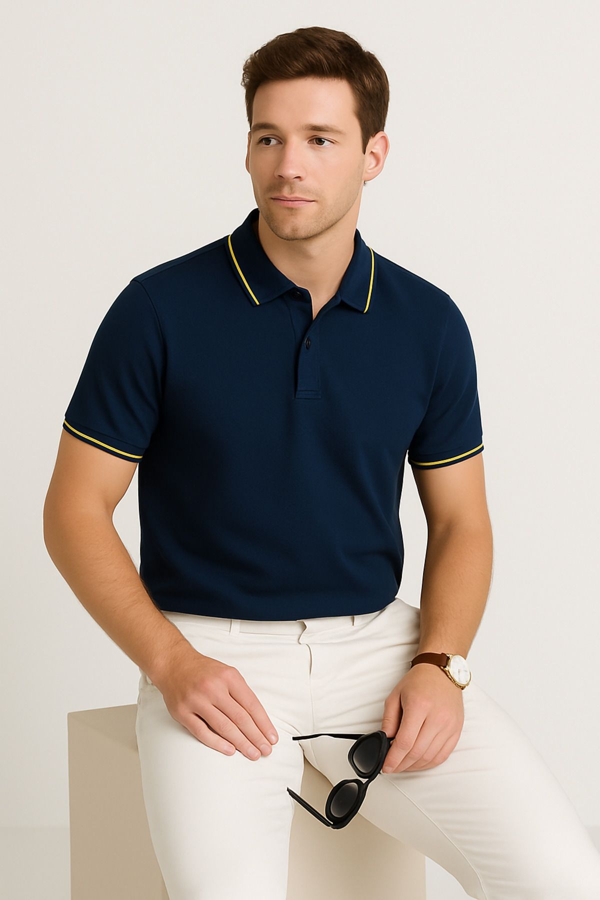LACİVERTMEN Lacivertmen 2980-1 Urban Hayata Uygun Comfort Petek Yaka Çizgi Detaylı Polo Tişört