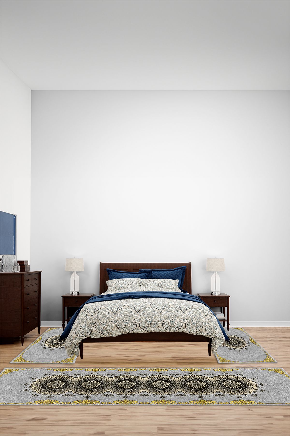 Viyana Home Dijital Kaymaz Klasik Göbek Desen Yıkanabilir Üçlü Yatak Odası Halısı, YO-KLASİK-89-SİYAH,