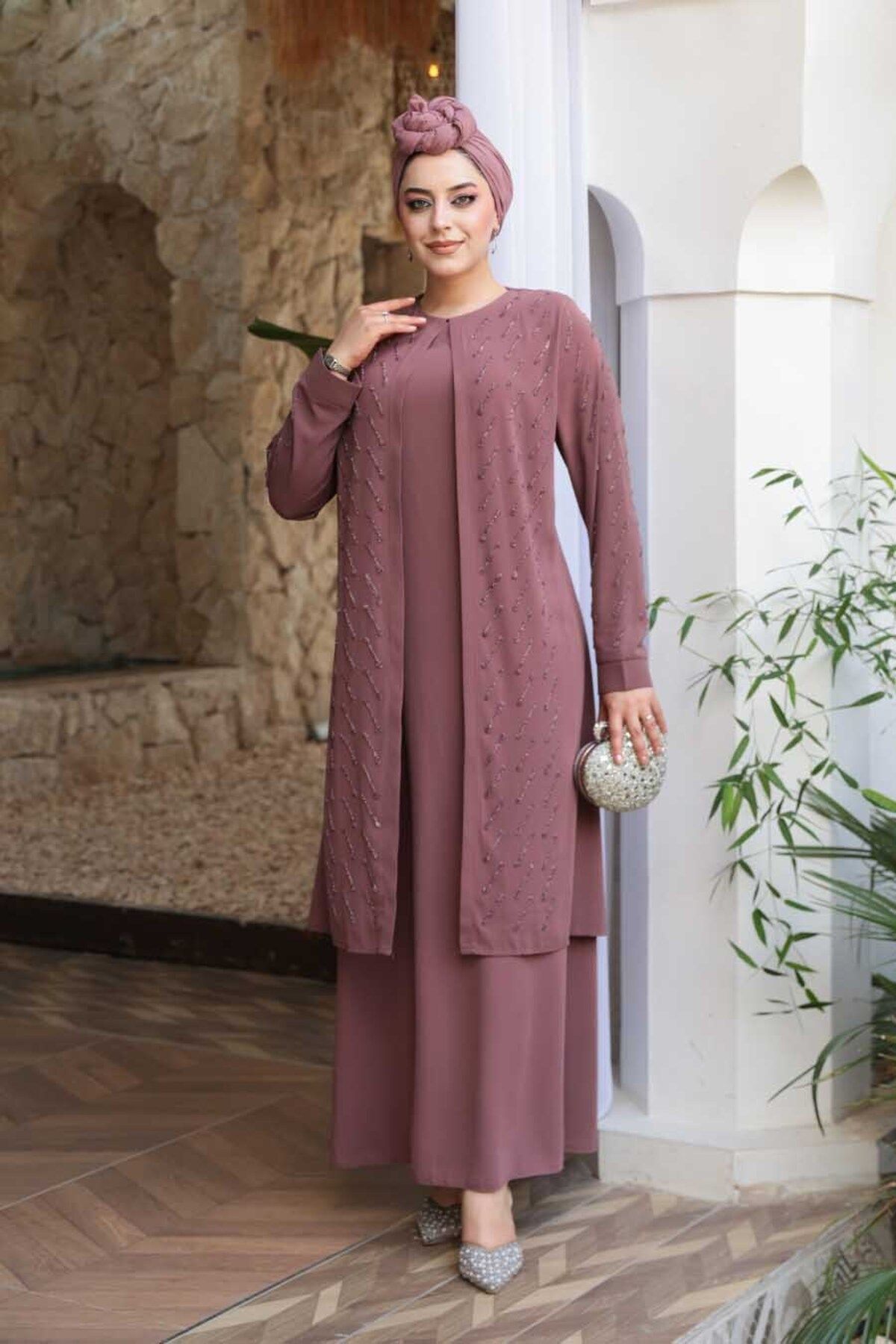 N.S NEVA STYLE Boncuk İşlemeli Gül Kurusu Tesettür Abaya 29120GK