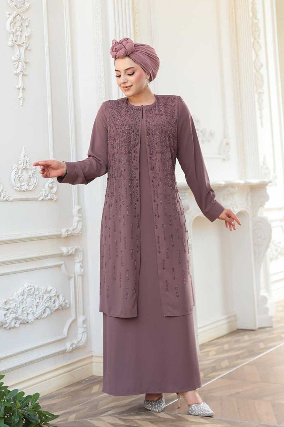 N.S NEVA STYLE Boncuk İşlemeli Gül Kurusu Tesettür Abaya 29119GK