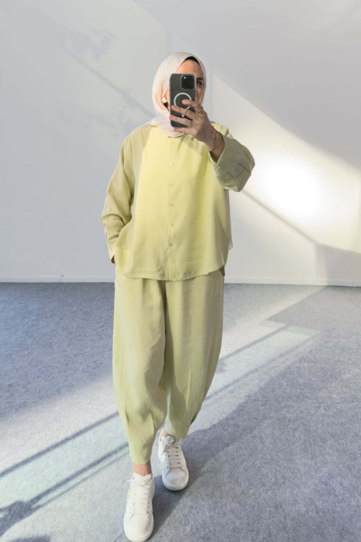 Hatun Atila Modal Kumaş Oversize Gömlekli Şalvar Pantolonlu İkili Takım 5210 - Yağ Yeşili