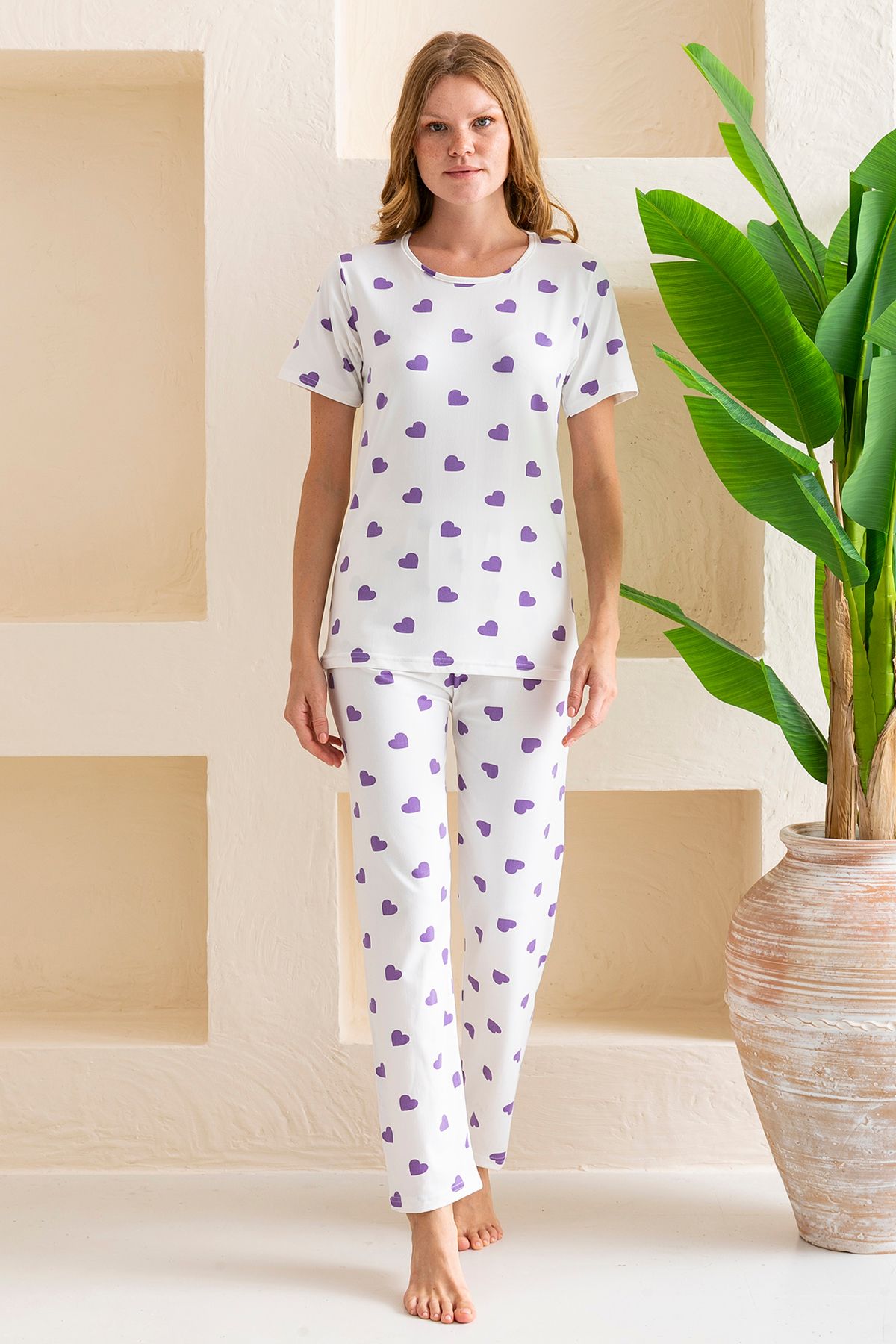 GİYSA Kadın Bisiklet Yaka Kısa Kollu Kalp Desenli Pijama Takım Beyaz Mor - 6016