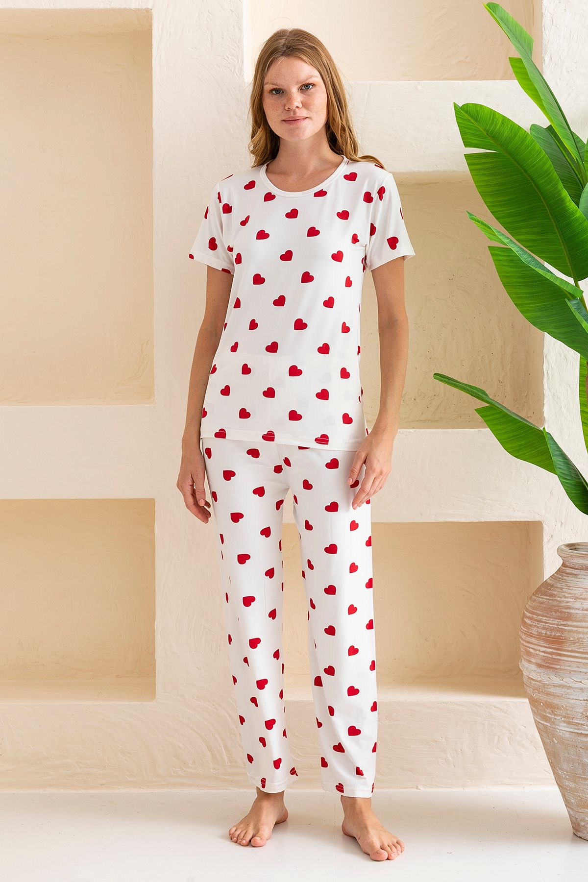 GİYSA Kadın Bisiklet Yaka Kısa Kollu Kalp Desenli Pijama Takım Beyaz Kırmızı - 6016