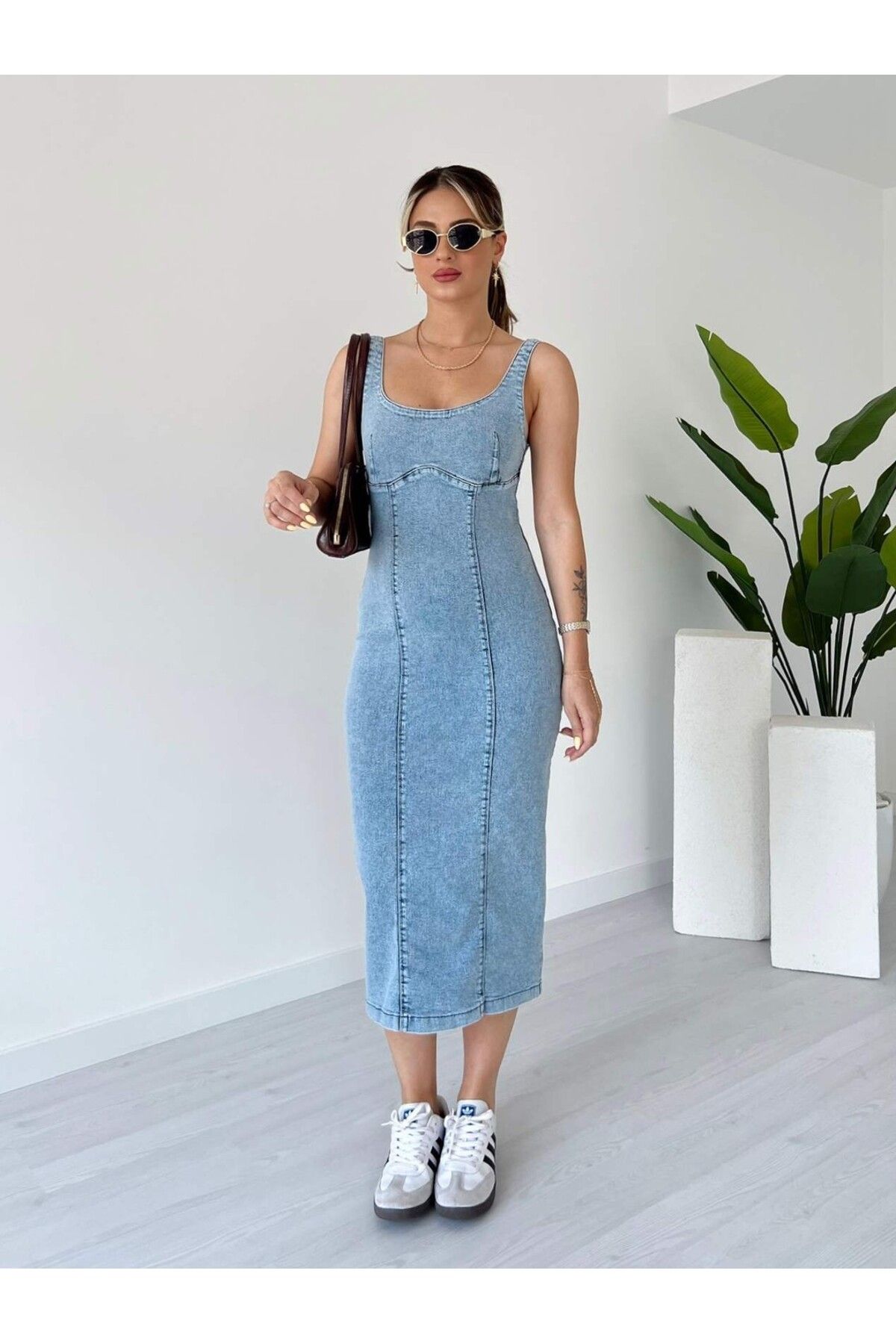 tiamoda Likralı Sırt Fermuarlı Denim Elbise