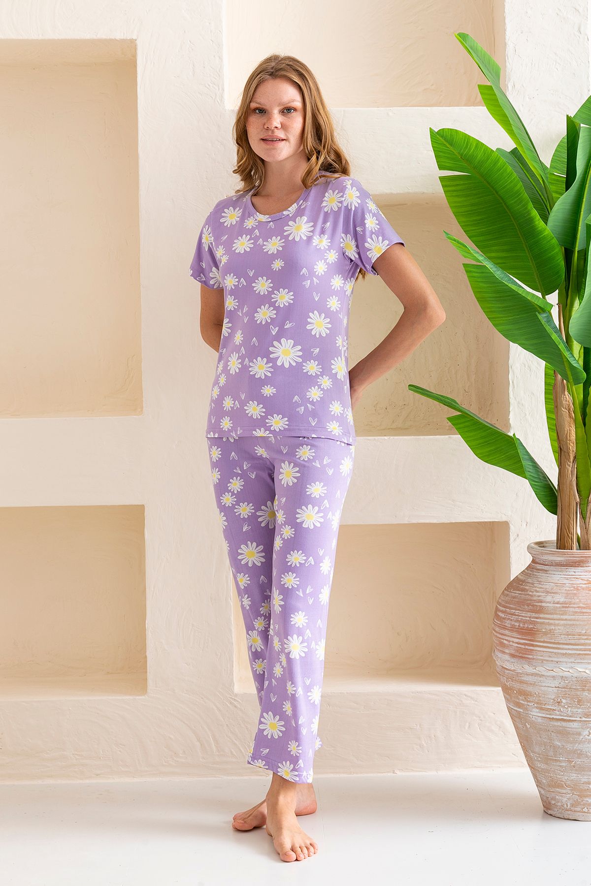 GİYSA Kadın Bisiklet Yaka Kısa Kollu Çiçek Desenli Pijama Takım Mor - 6016
