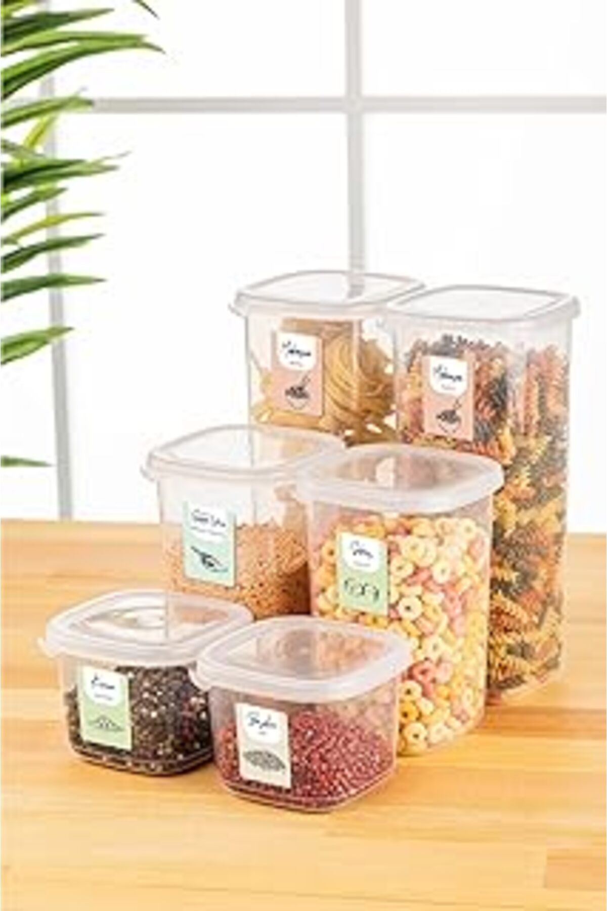 Mu Art Ahşap Renkli Etiketli 6Lı Peggy Erzak Saklama Kabı 2X(0,55 Litre, 1,2 Litre, 1,75 Litre) Beyaz
