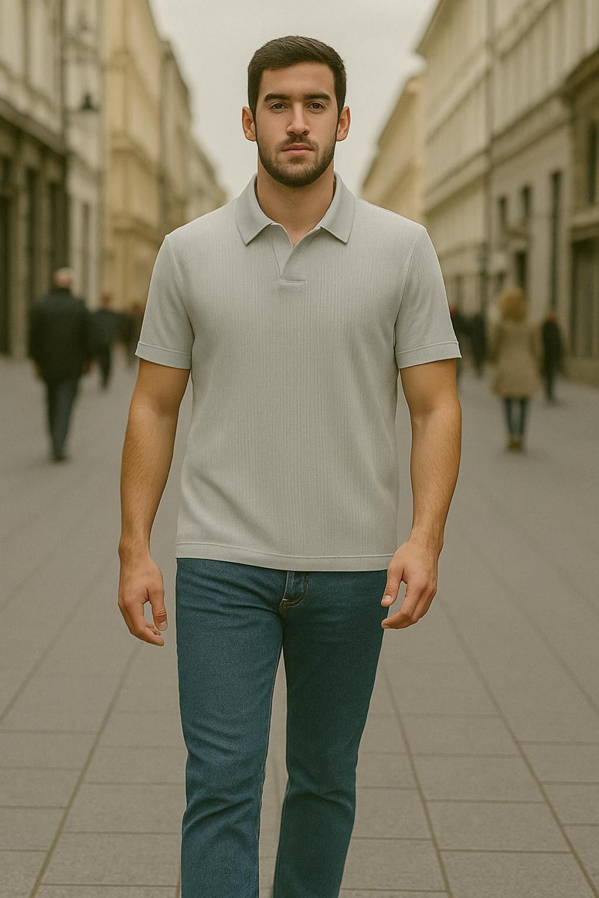 DAMGA JEANS Erkek V Patlı Basic Yazlık Gri Polo Yaka Tişört