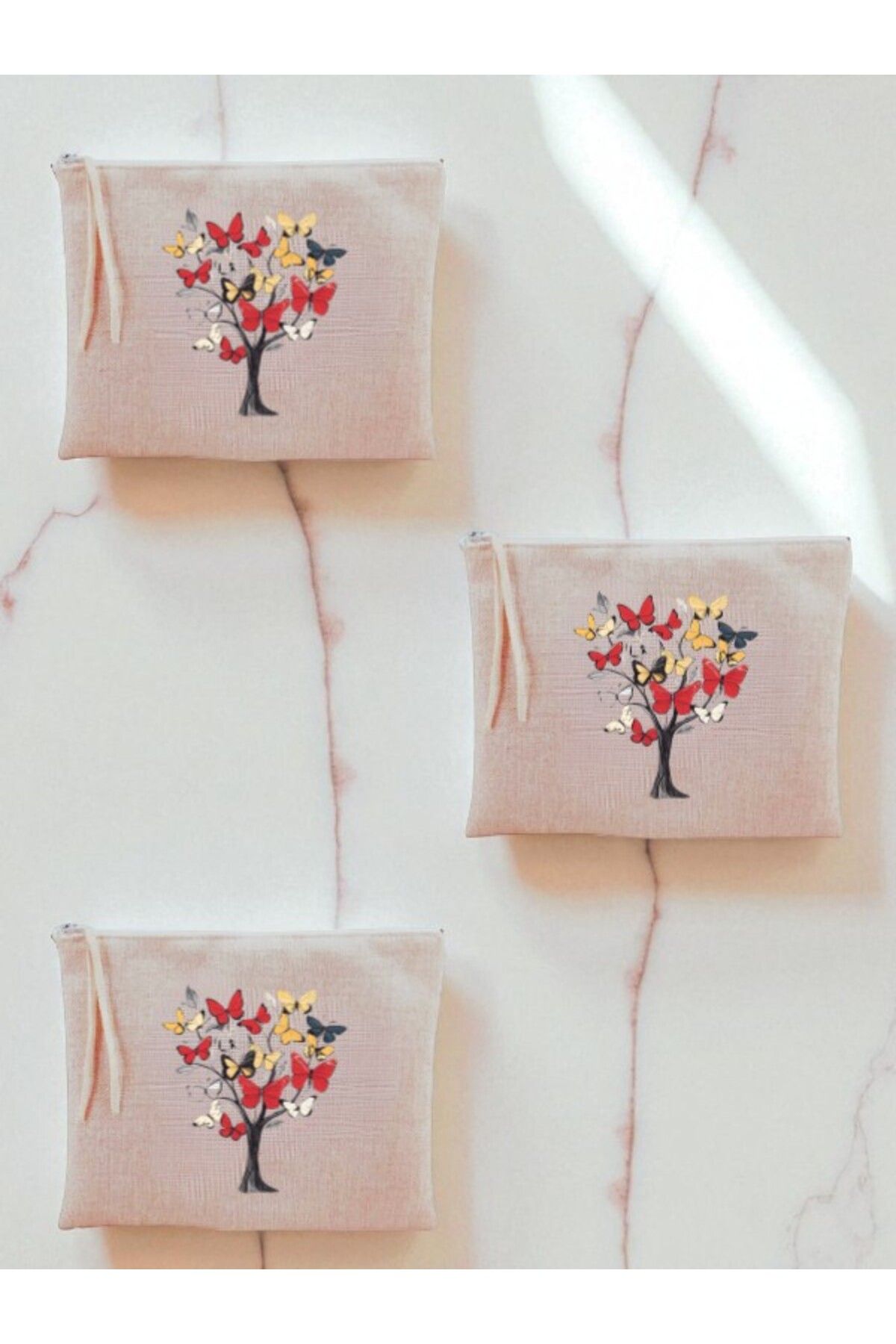 lili hediyelik Kelebekli Ağaç Baskılı 3'lü Makyaj Çantası 20x25 cm