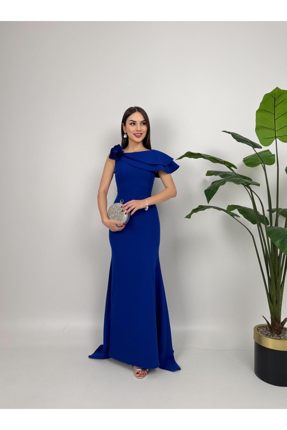 maf collection Kadın Lacivert Çiçek Drape Detay Uzun Abiye Mezuniyet Elbisesi