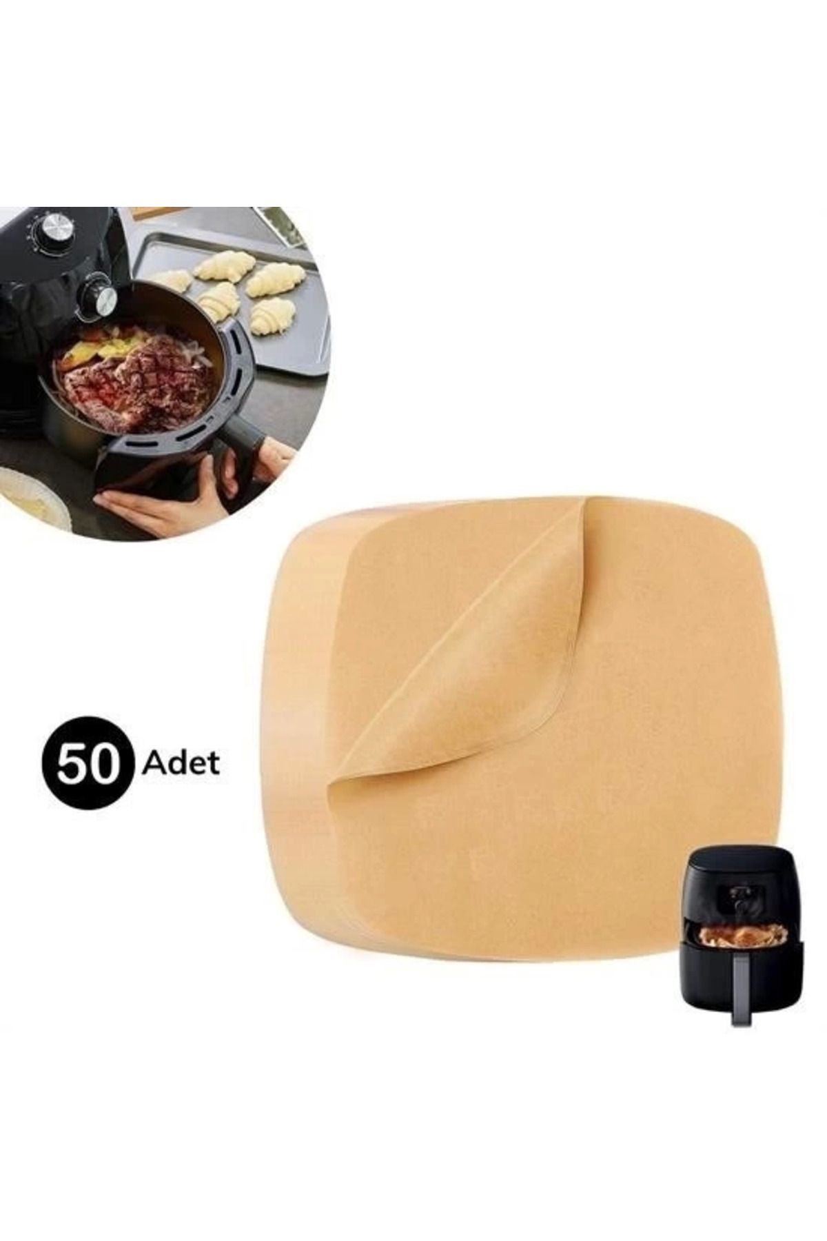 Emper 50 Adet Air Fryer Pişirme Kağıdı Tek Kullanımlık Yağ Su Geçirmez Yapışmaz Deliksiz Düz Kare Model