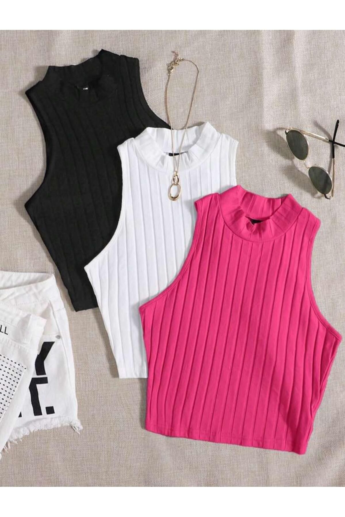 bemmoda Kadın 3'lü Set 3'lü Renk Çizgi Desen Yazlık Bluz