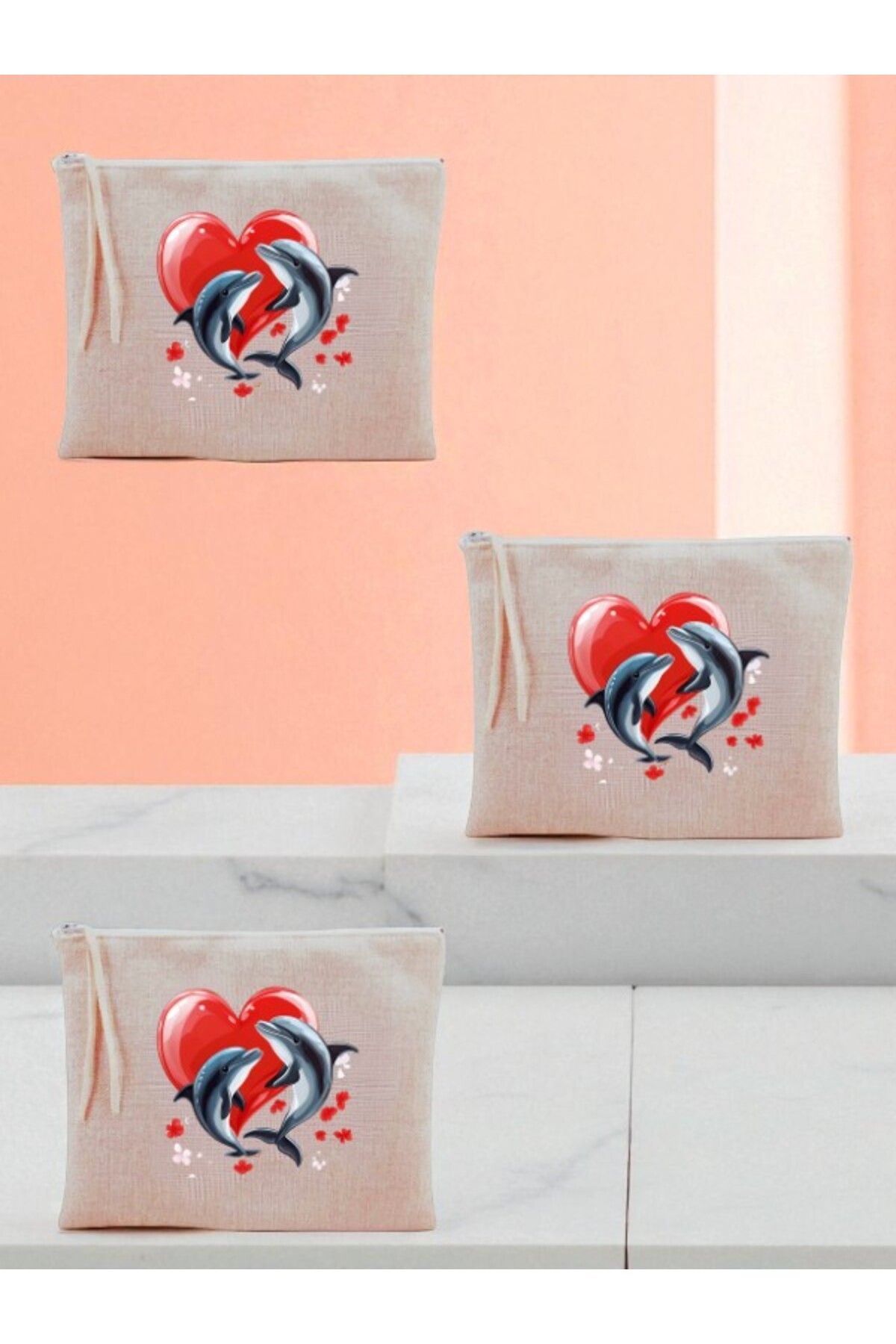 lili hediyelik Kalp ve Yunus Baskılı 3'lü Makyaj Çantası 20x25 cm