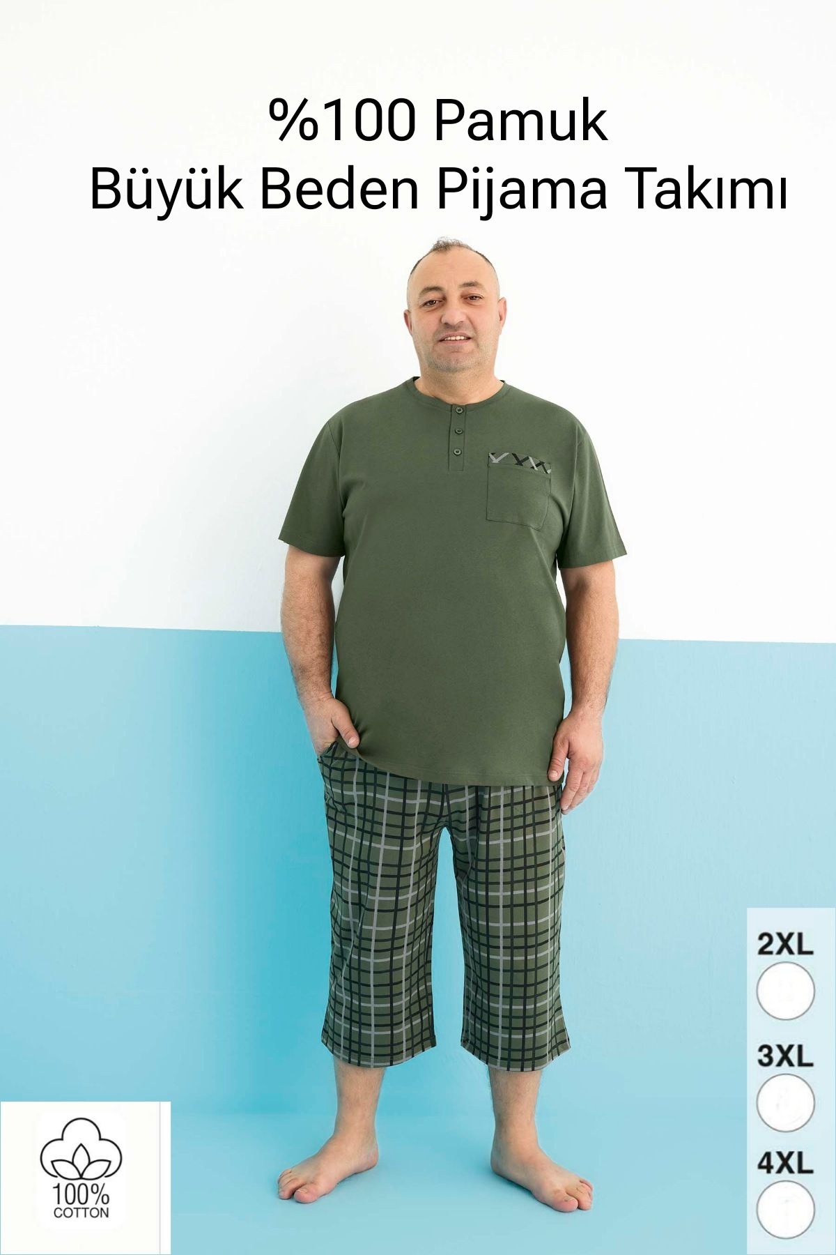 bigiyin Büyük Beden Pijama Takımı Bermuda Kısa Kol Pijama Erkek Büyük Beden Pijama Takım %100 Pamuk